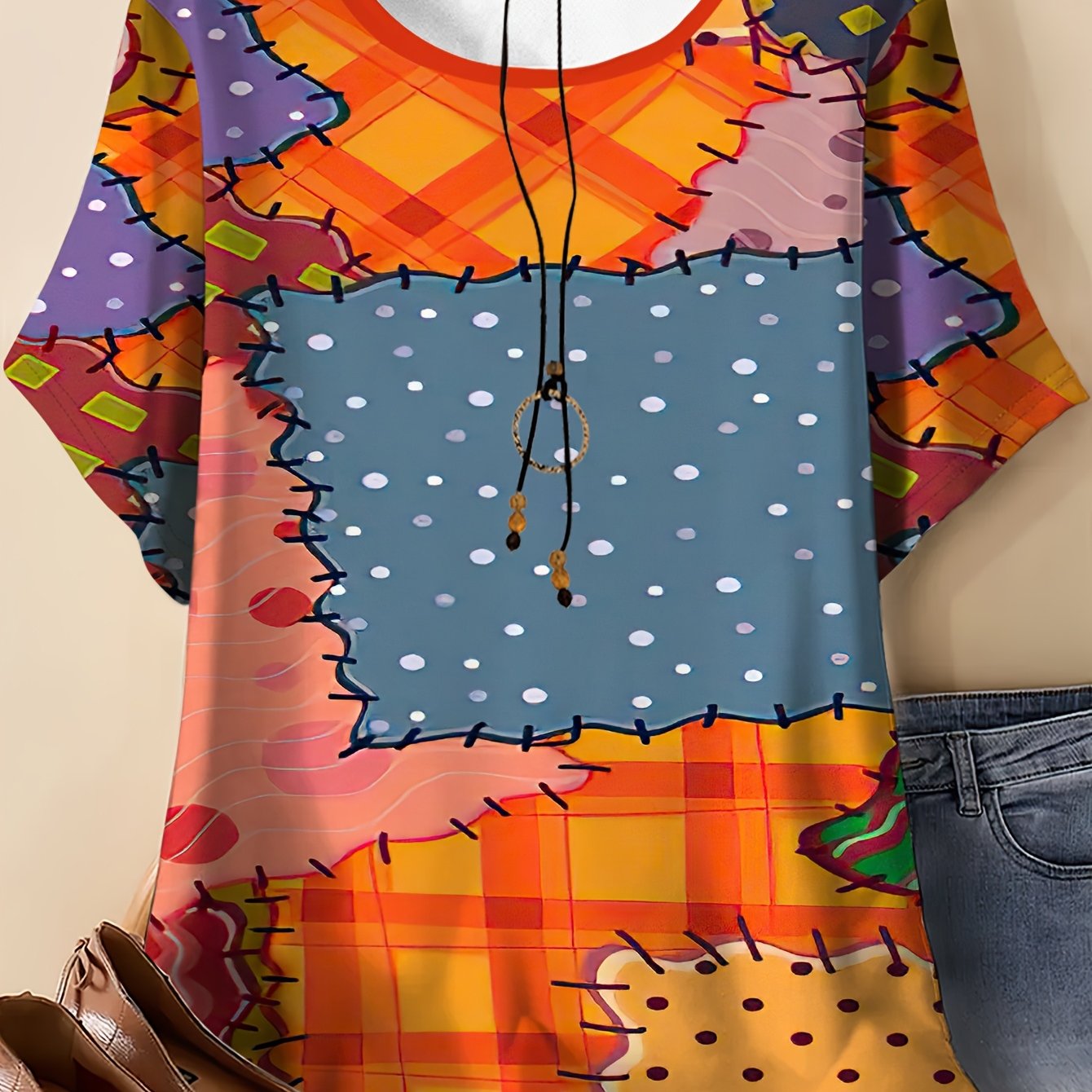 TEMU Plus Size - Plus Size - Women's Floral Printed T-shirt - Casual Short-sleeve Round Neck Top, Featuring Retro Pop Art Design, Breathable And