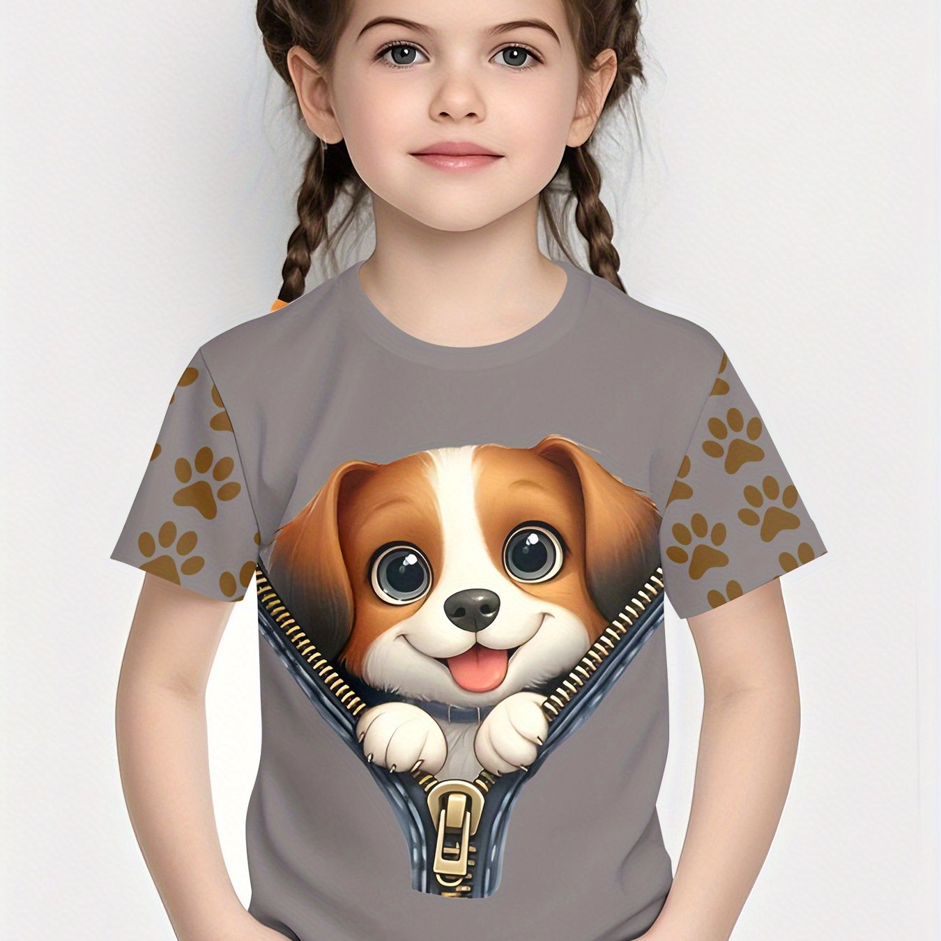 Adorable Dog-themed Exploration, Gray Short-sleeve With A Cute Look, Stylish And Unique Print Short-sleeve, Casual Short-sleeve, Summer Short-sleeve Clothing, Outdoor Sports T-shirt