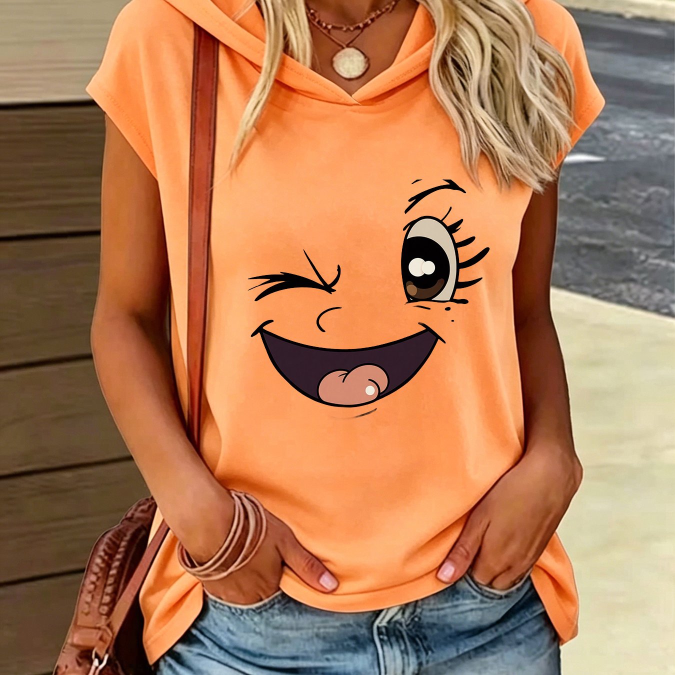 TEMU Sleeveless Hooded Shirt With Face Graphic - Asymmetrical Hem Relaxed Fit Cartoon Tee, Soft Breathable Summer Top For Women - Fun Freckle Casual