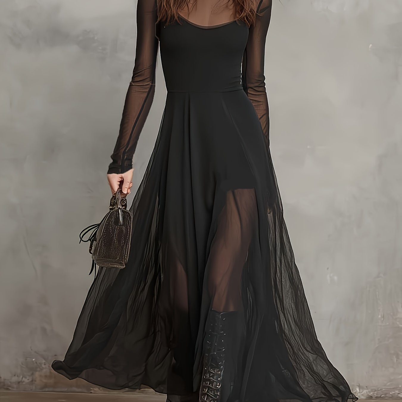 E-shop Elegantes Mesh Langarmkleid Set mit Camisole | Rundhalsausschnitt, Unifarben, Ganzjahreskleid, Reißverschlussdetail