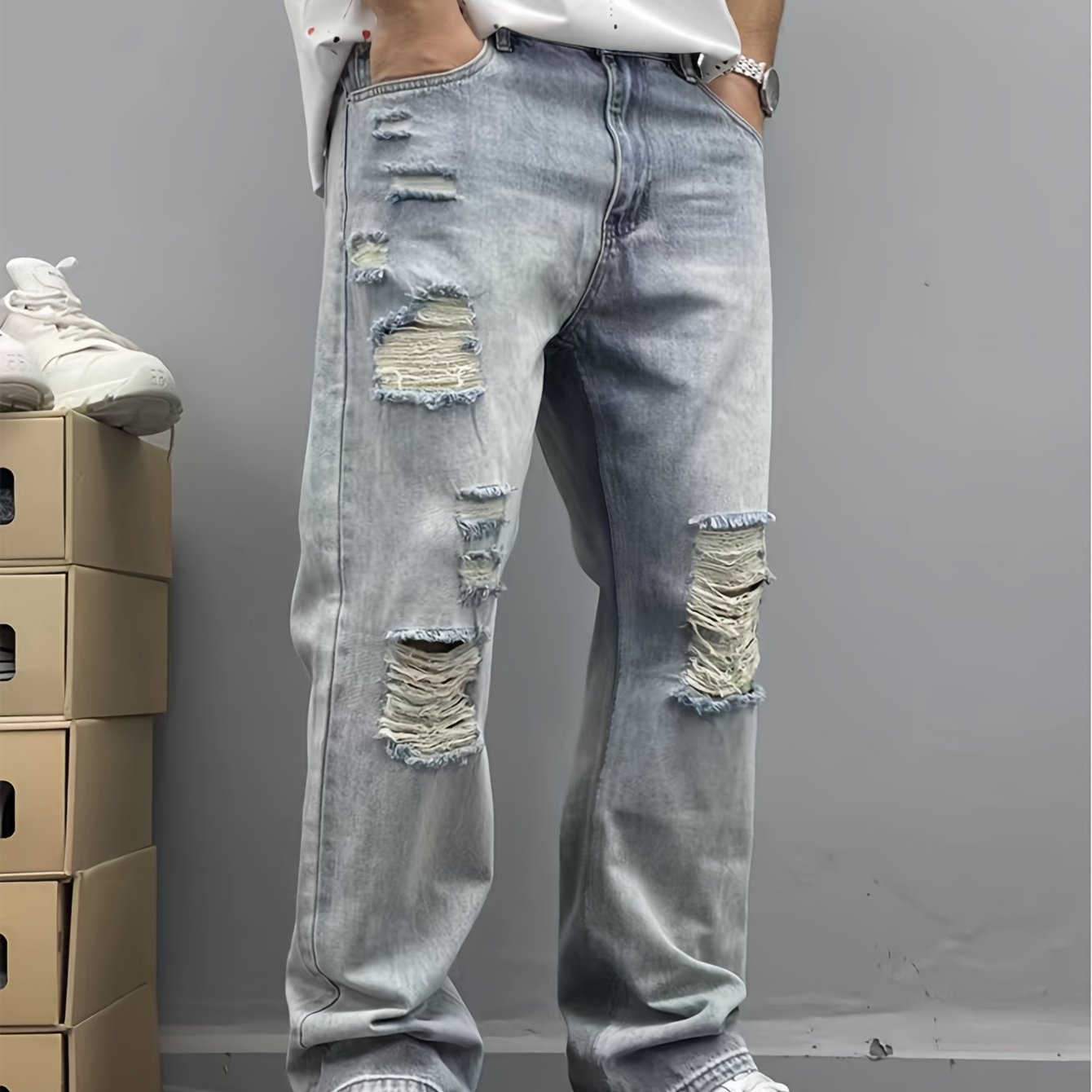Image of Boys' Spring/autumn Fashion Jogger Jeans, Washed Ripped Casual Long Pants, Kids'