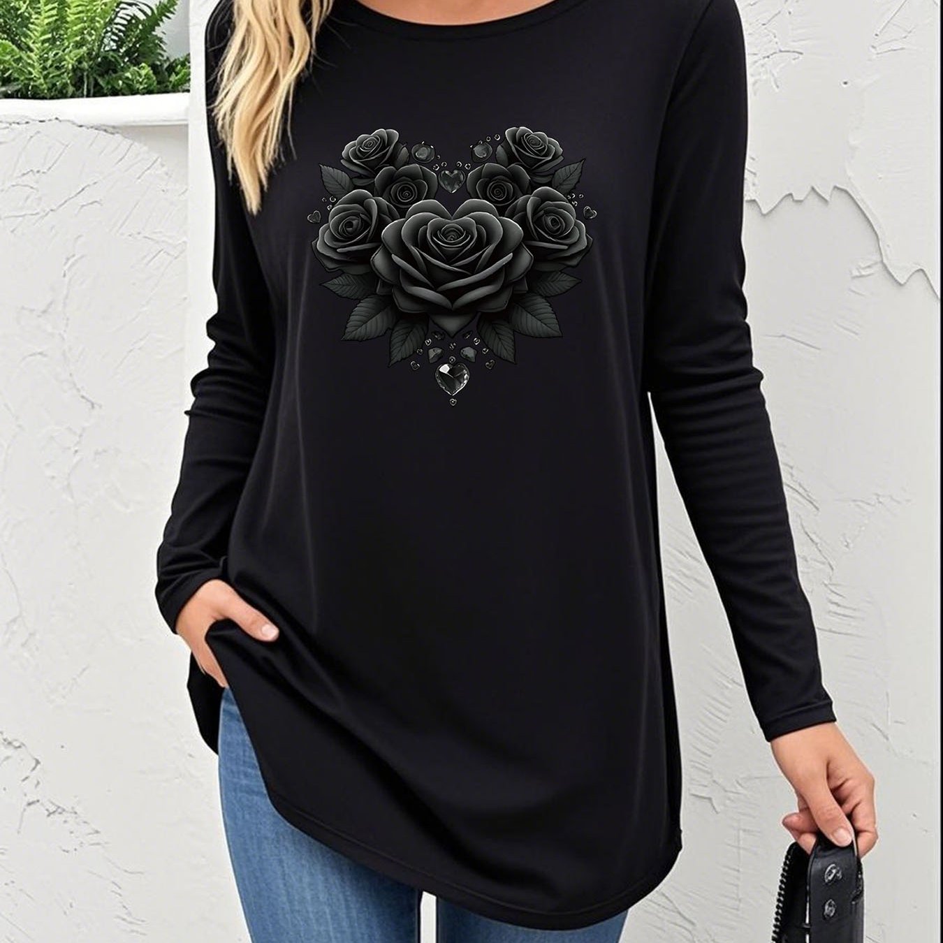 TEMU Black Print Black Long Sleeve T-shirt, Elements, Loose Longline Fit, Cool And Trendy Style, Super Individual For Daily Streetwear