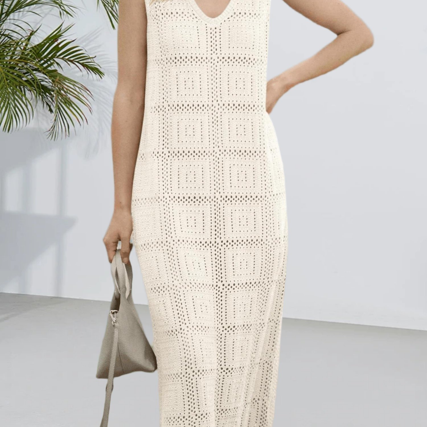 Sleeveless Midi Dress With V-neck In Crochet For Women - Casual Boho Cover-up For Beach Vacations