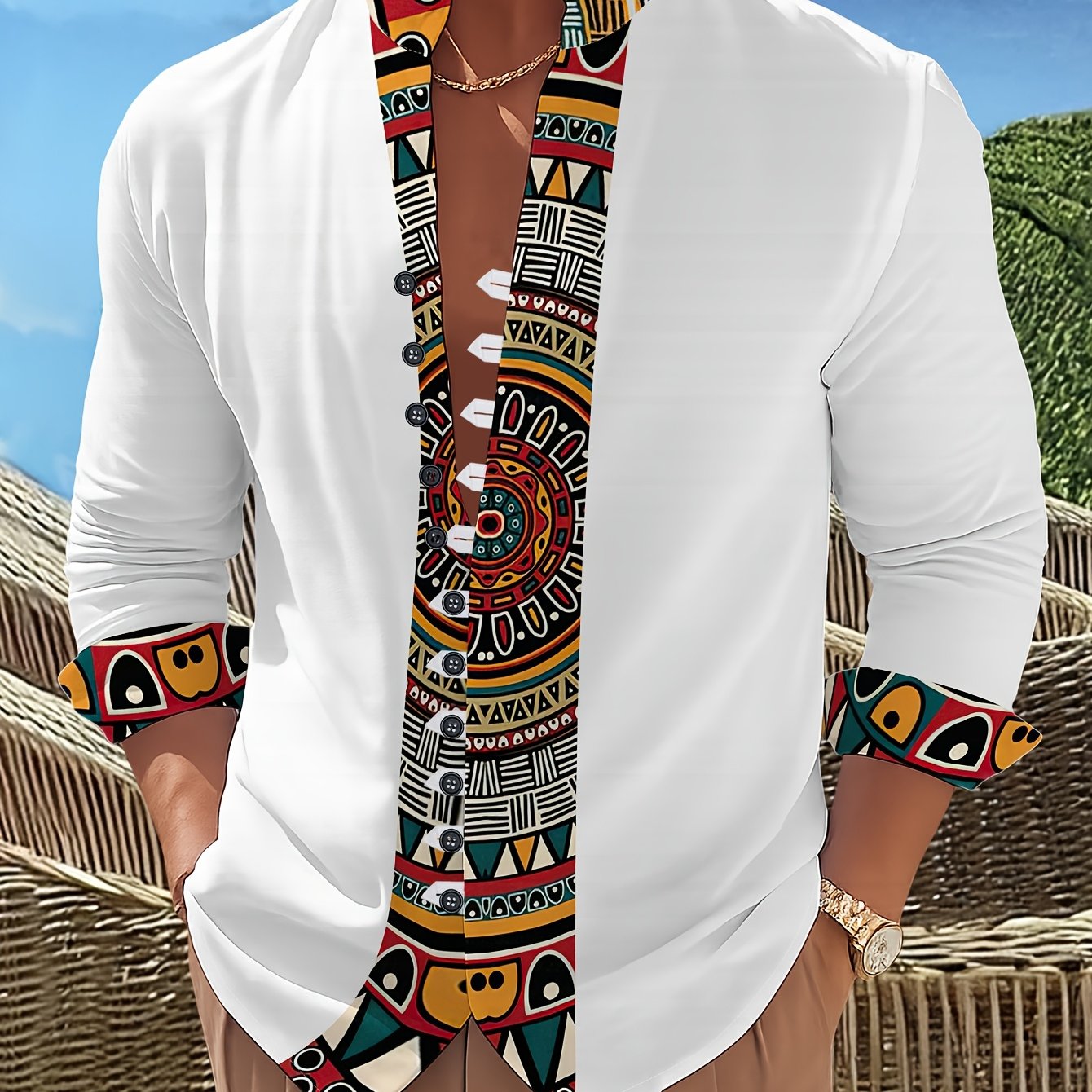 TEMU Chemise Homme à Manches Longues 11 Boutons, Col , Imprimé Ethnique, Coupe Slim, Décontracté, Tendance Printemps Automne, Haut Élégant et