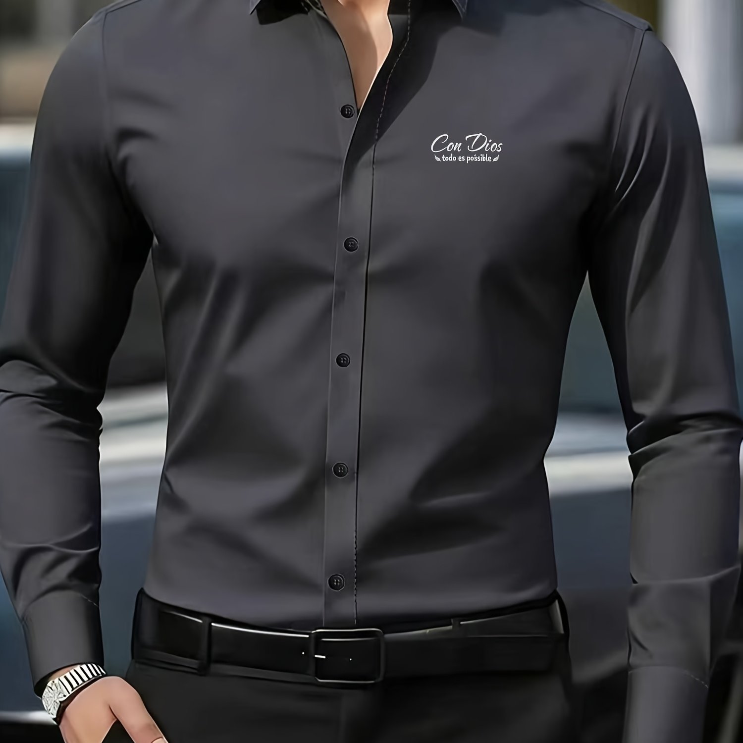 TEMU Men's Casual Turn- Collar Button-up Formal Shirt, Solid Slim-fit High-end Long-sleeved Top, Suitable For Formal Office, Business Banquet