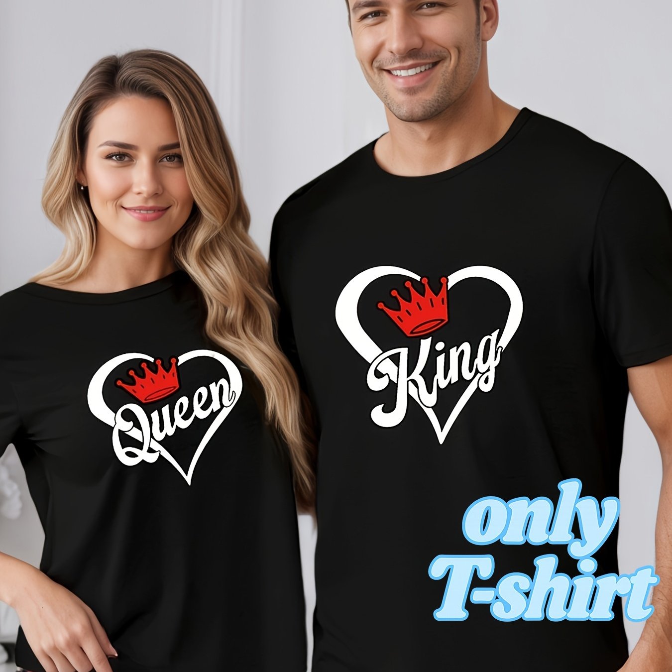 TEMU Pyjama Couple Roi et Reine Imprimé Lettres, Haut à Manches Courtes Homme ou Femme, 1 Haut, T-Shirt Manches Courtes, Unisexe Tailles S-XXL