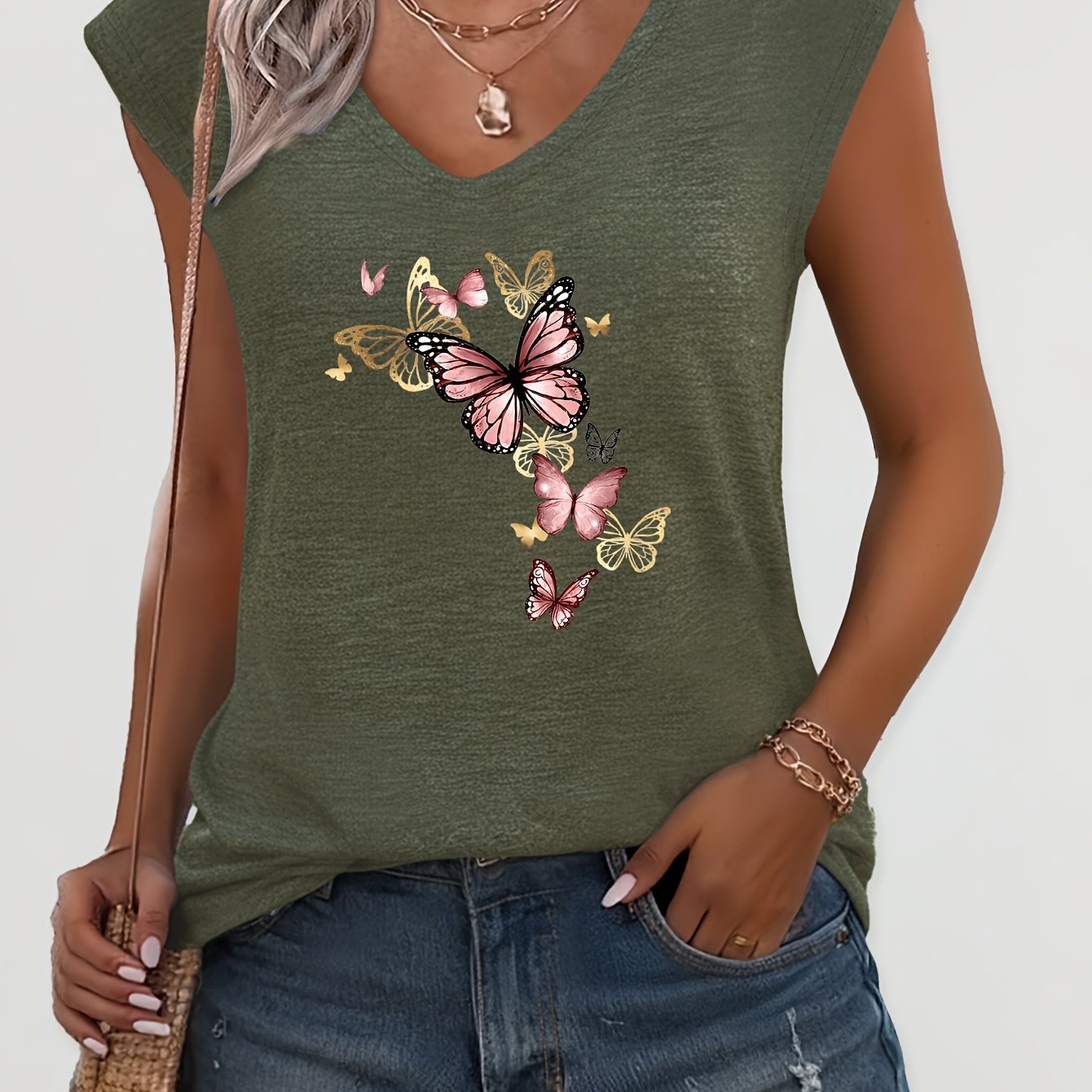 TEMU Powder-golden Swarm Print V-neck Sleeveless T-shirt - Breathable Loose-fit Blouse Suitable For -body Types, Machine Washable Summer Vest,