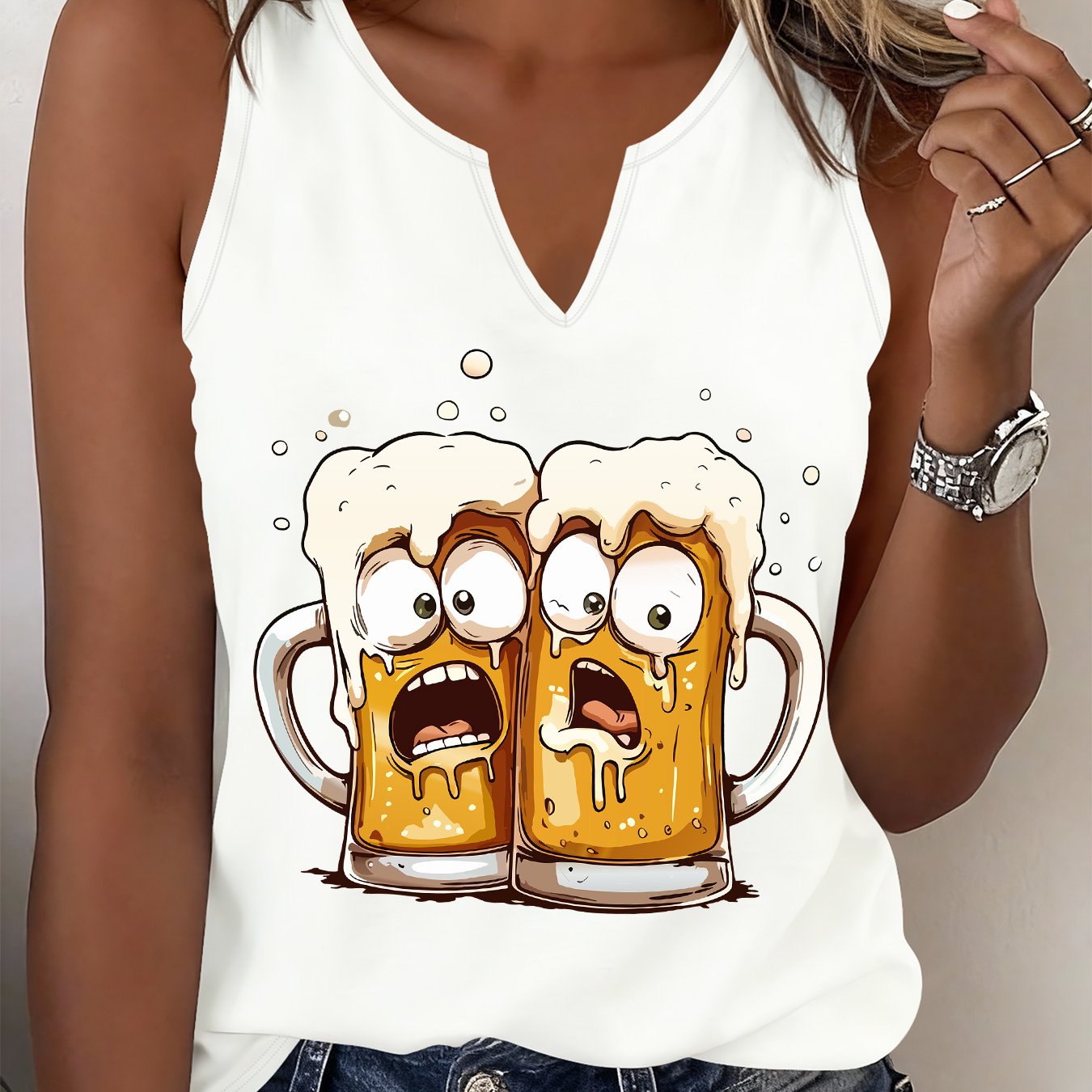 TEMU Canotta da donna senza maniche con stampa boccale di birra e scollo a V - stile camicetta non estive, casual elasticizzate adatte per feste a