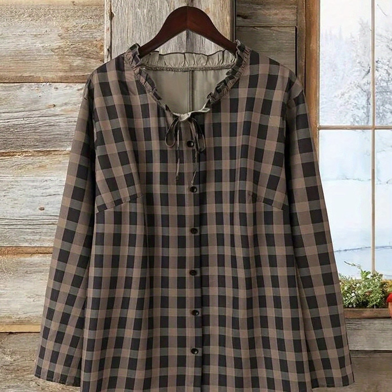 Plus Size - 2025 Plus Size Vintage Plaid Long Sleeve T- Button Lace Stand Collar Loose Fit Elegant Style