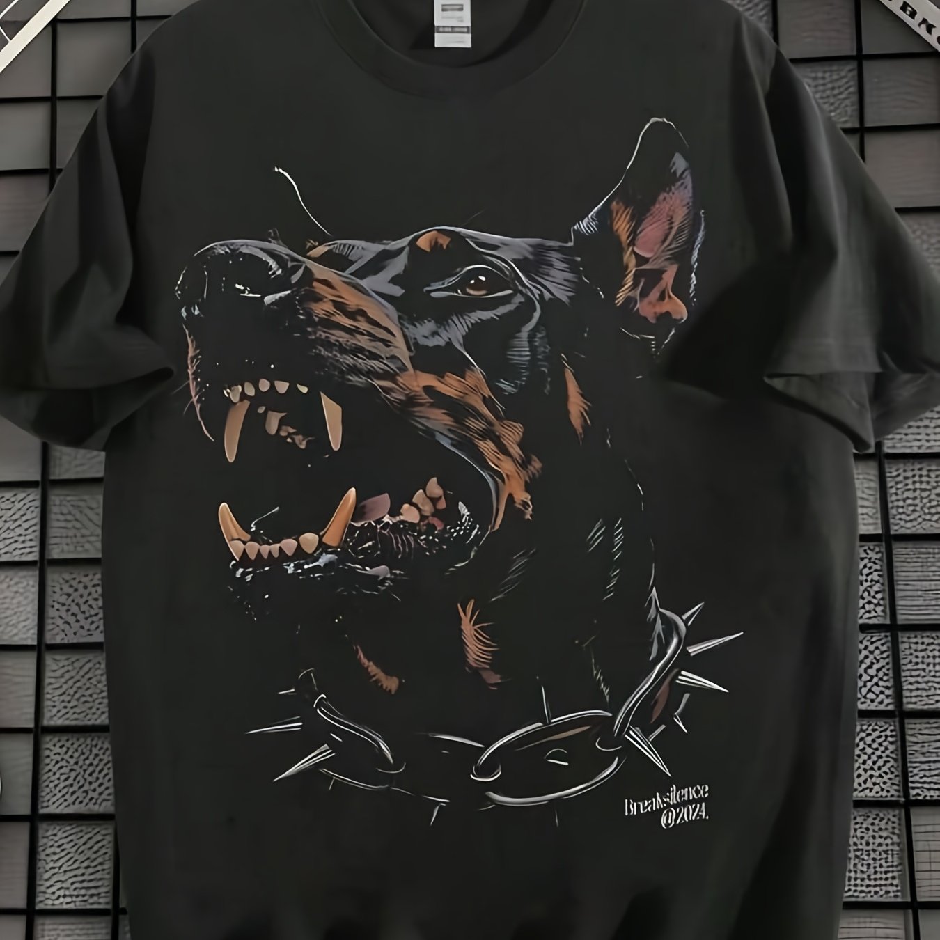 TEMU Ewh Retro Men's T Shirt Doberman Pattern Printed T Shirt Spike Collar Street Style Loose Short Sleeve Personalized Versatile Top-unisex Holiday