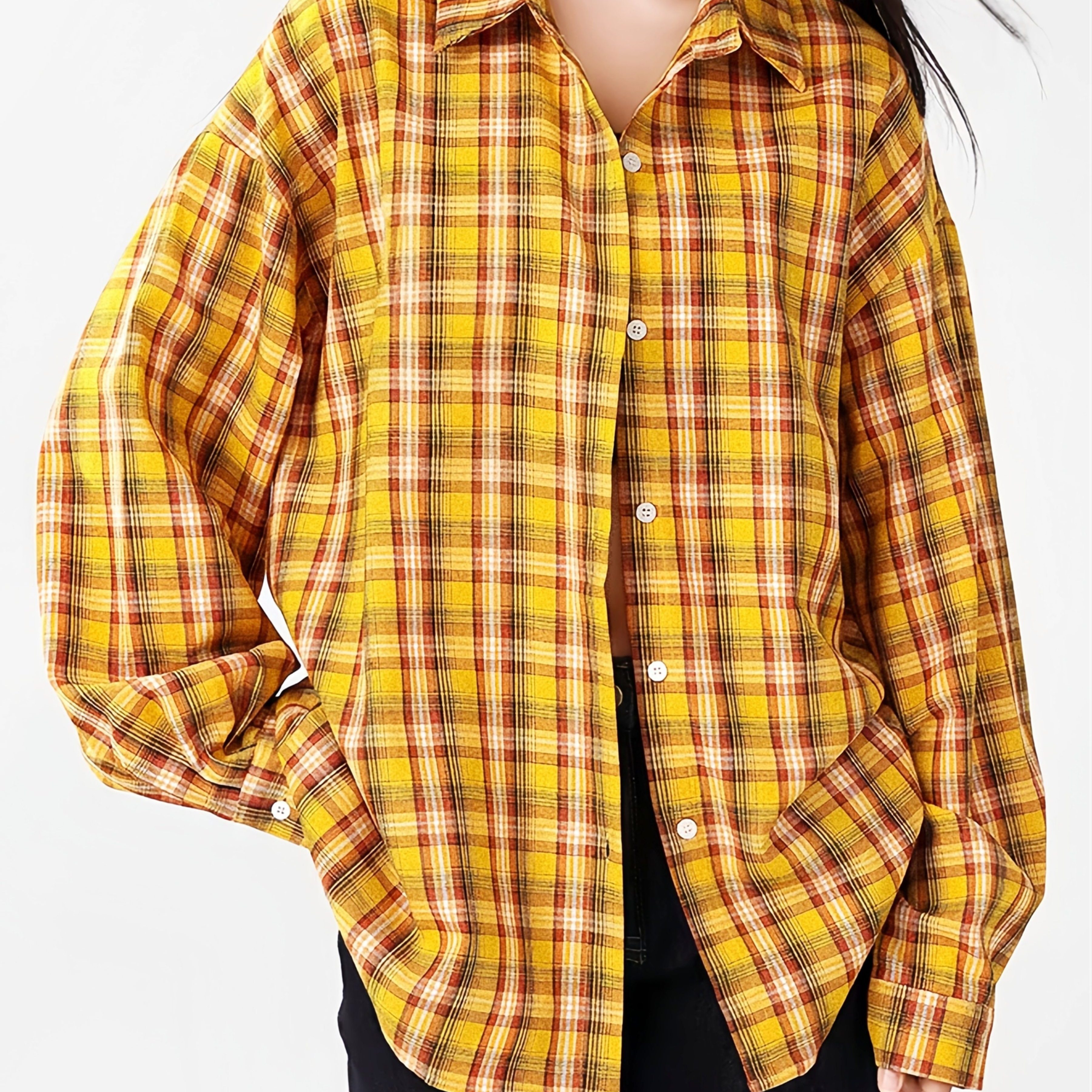 TEMU Camicia a quadri da donna elegante a maniche lunghe, vivace motivo a quadri e blu, tessuto twill, e traspirante, perfetta per uscite e in e