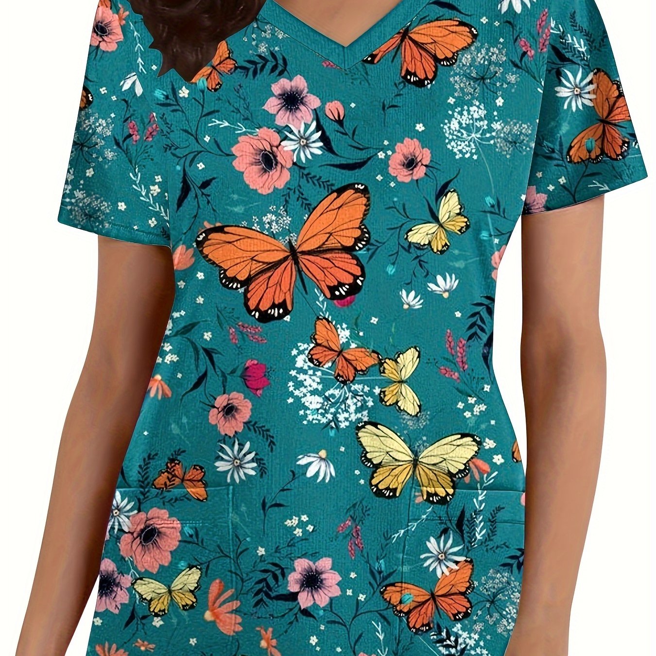 TEMU Pattern Printed Women's Short Sleeve Top, Comfortable And Functional Women's Nurse T-shirt, Pocketed Women's V-neck Short Sleeve T-shirt