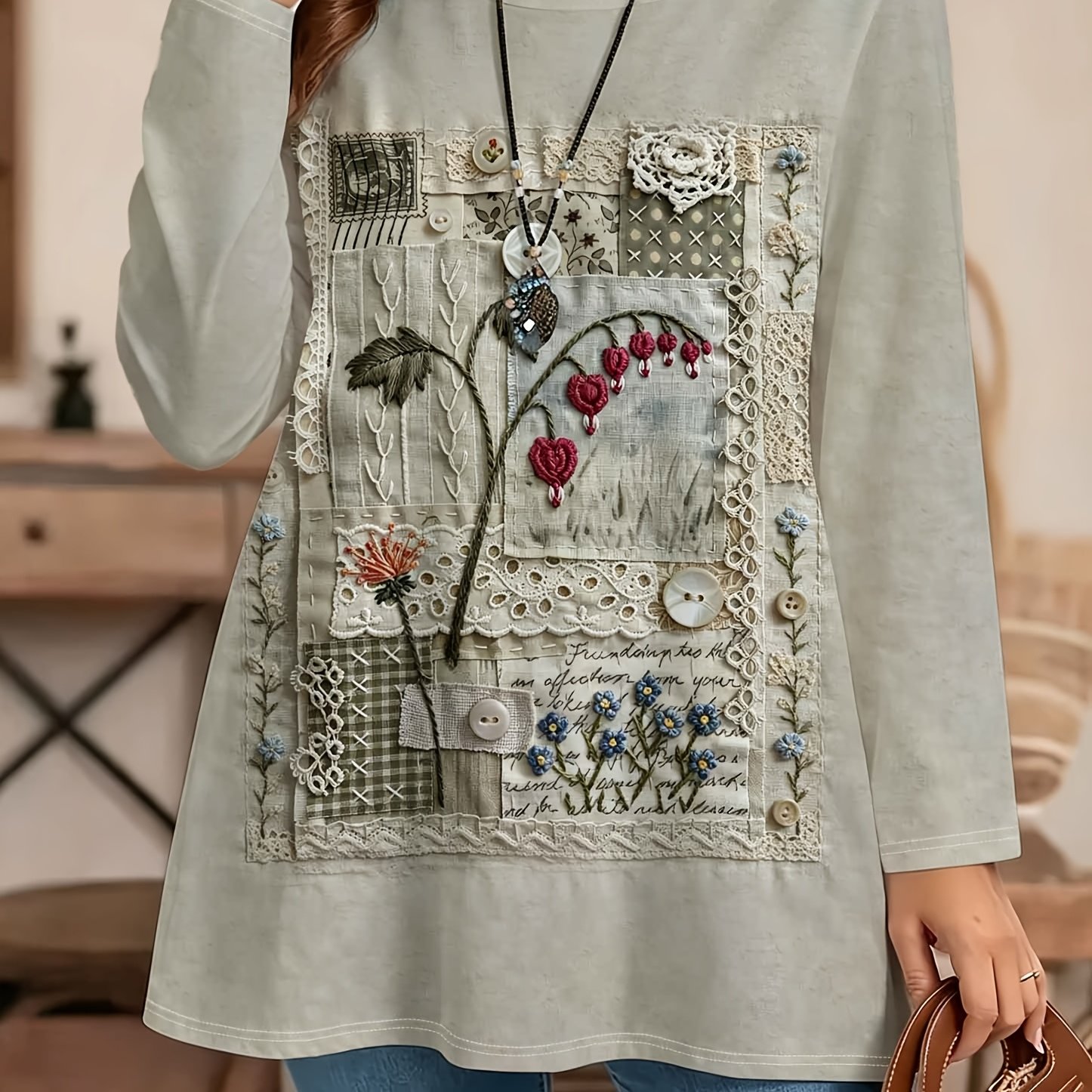 TEMU [printed Design - Non-realistic Texture] Women's Plus Size Retro Pastoral Style Round Neck Long Sleeve T-shirt, Mid-length Loose Body-covering