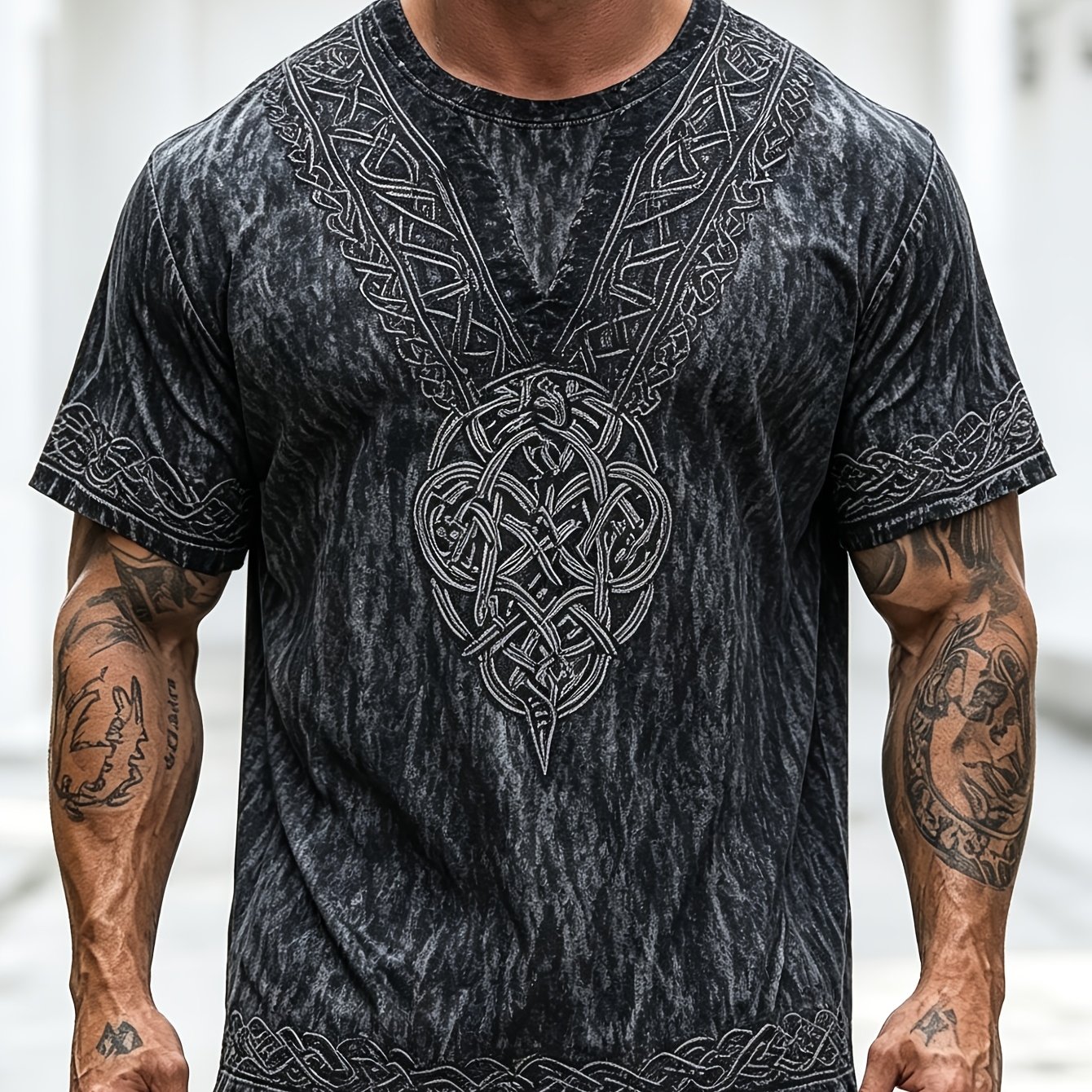 TEMU Plus Size Black-gray Celtic Style Printed T-shirt - Full-length Divine Pattern Vintage Totem Color-block Short Sleeve - Lightweight Breathable