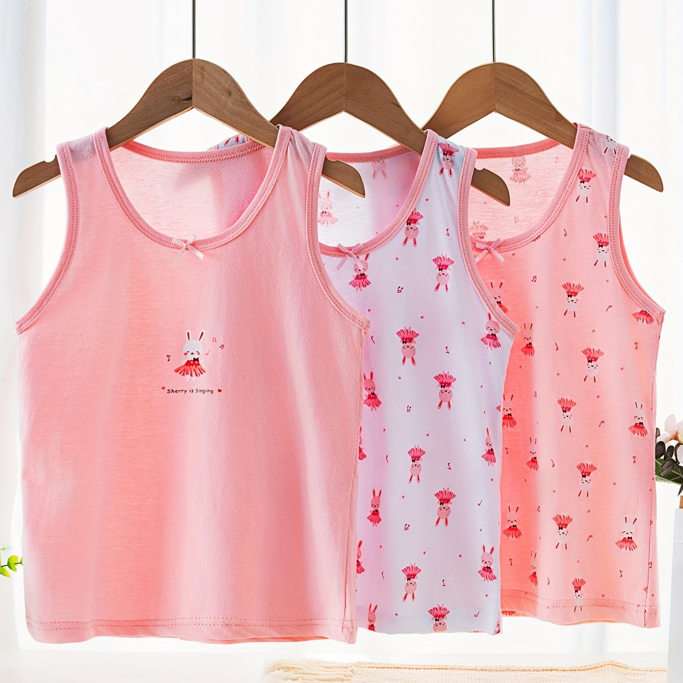 3pcs Set, Children's Vest, Rabbit Girl, Girl, Suitable For , Baby Girl, Slim Fit Vest, Medium Size Children's Suspender