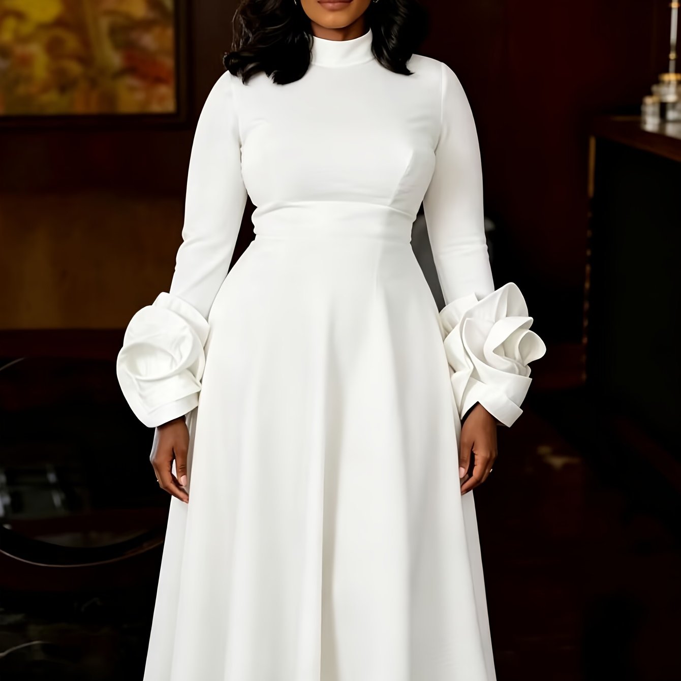 Plus Size - Plus Size - New Plus Size Elegant Mid-length A-line Dress, Mock Neck Long Sleeve Dress With 3d Floral Sleeves, Stylish Temperament Midi Dress