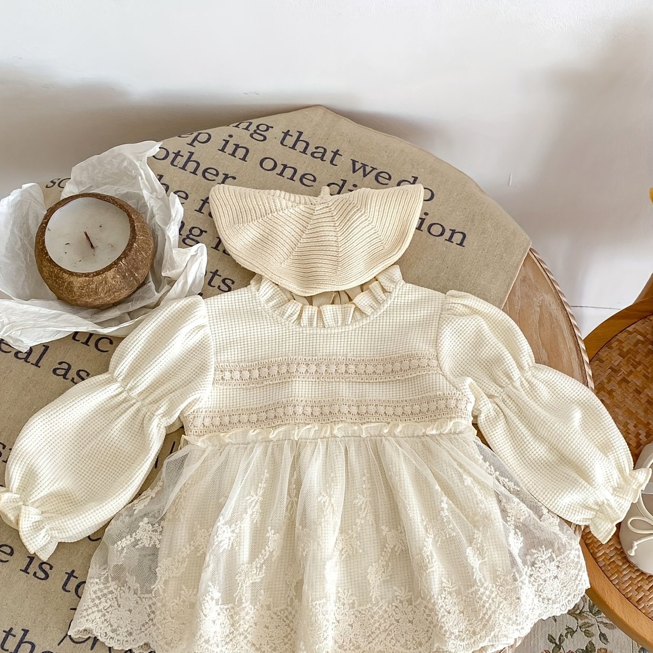 Ins Autumn Baby Girl Waffle Lace Skirt Long Sleeve Sweetheart Wrap Bottom Bodysuit, Perfect For Outdoor