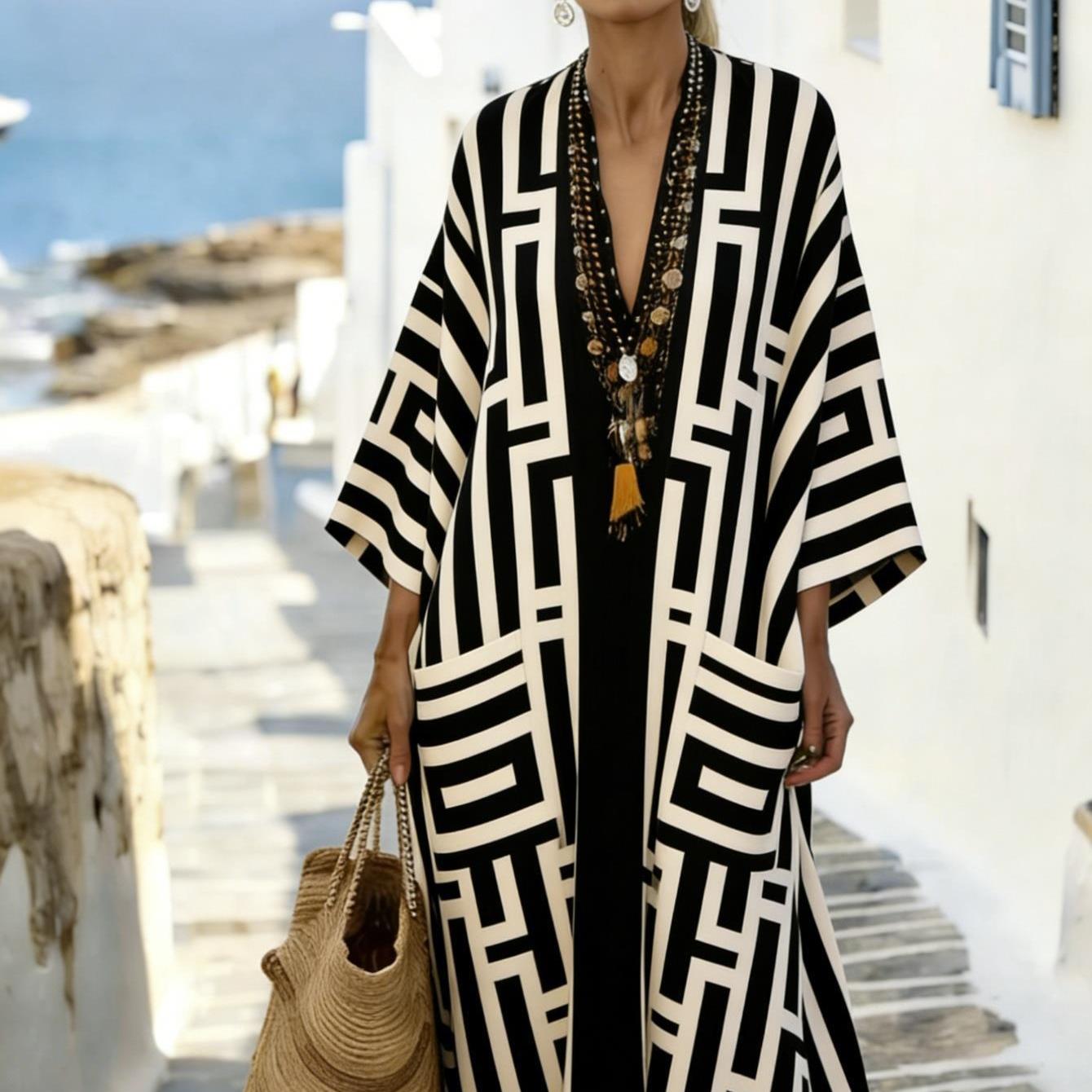 Image of Plus Size - Women's Kaftan Dress, Elegant And Casual Dress, Flat Print, V-neck Long Sleeve Summer Dress, Suitable For Spring And Summer Wear, And A Great Gift