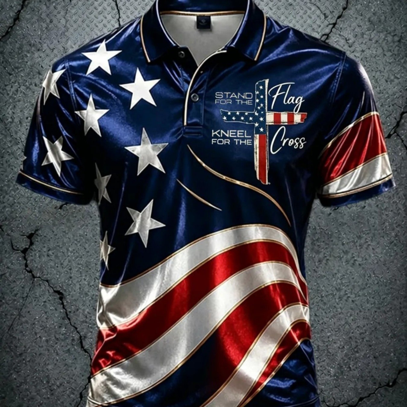 Image of Men's American Flag Cross Pattern Shirt, Navy With Golden Accents, Starry Sky Background, Printed With The Words "stand For The Flag, Kneel For The Cross, " Golf Shirt