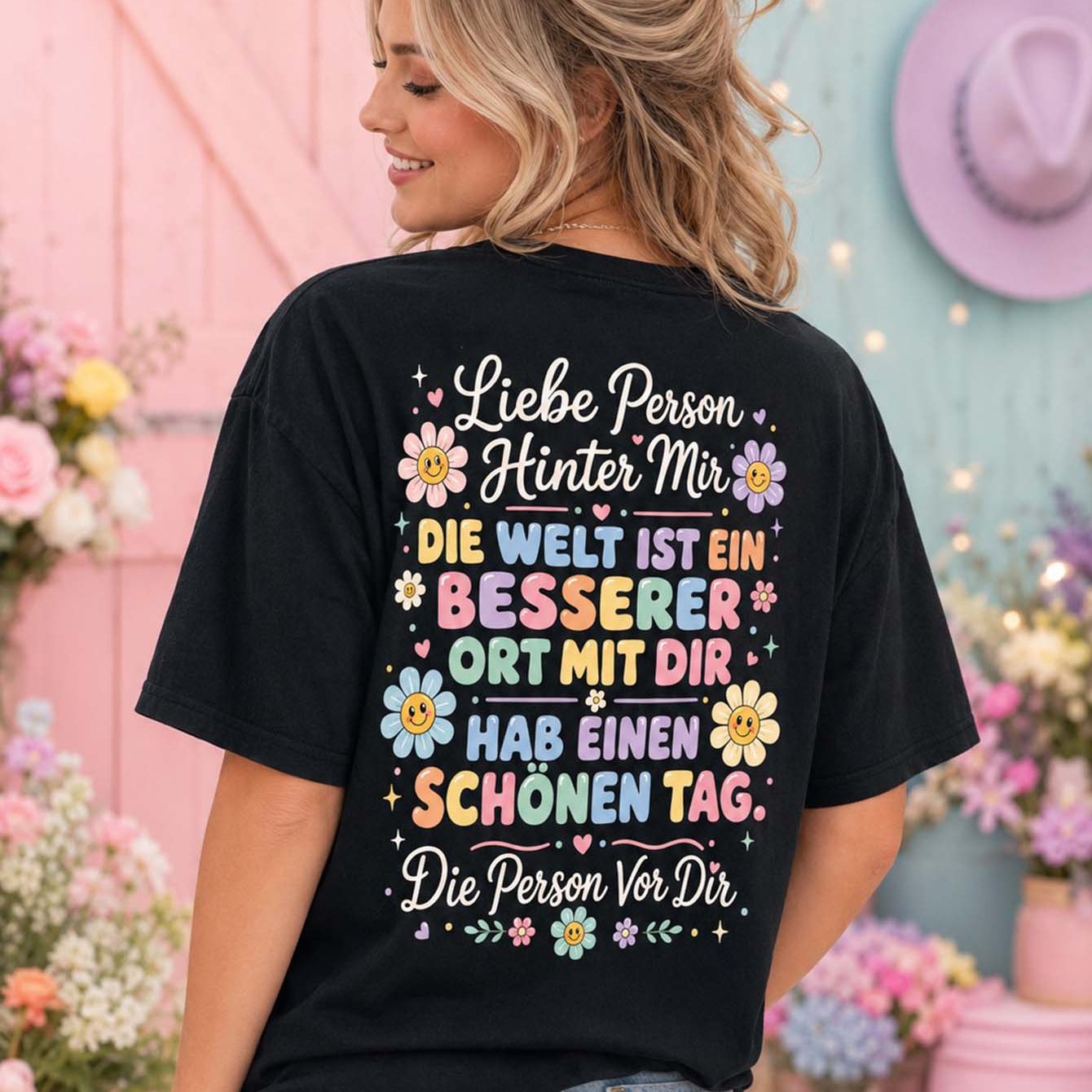 Image of Person Behind Me The World Is A Better Have The Person In Front Of You Floral Text Women Loose T-shirt Casual Short Sleeve Black Gift