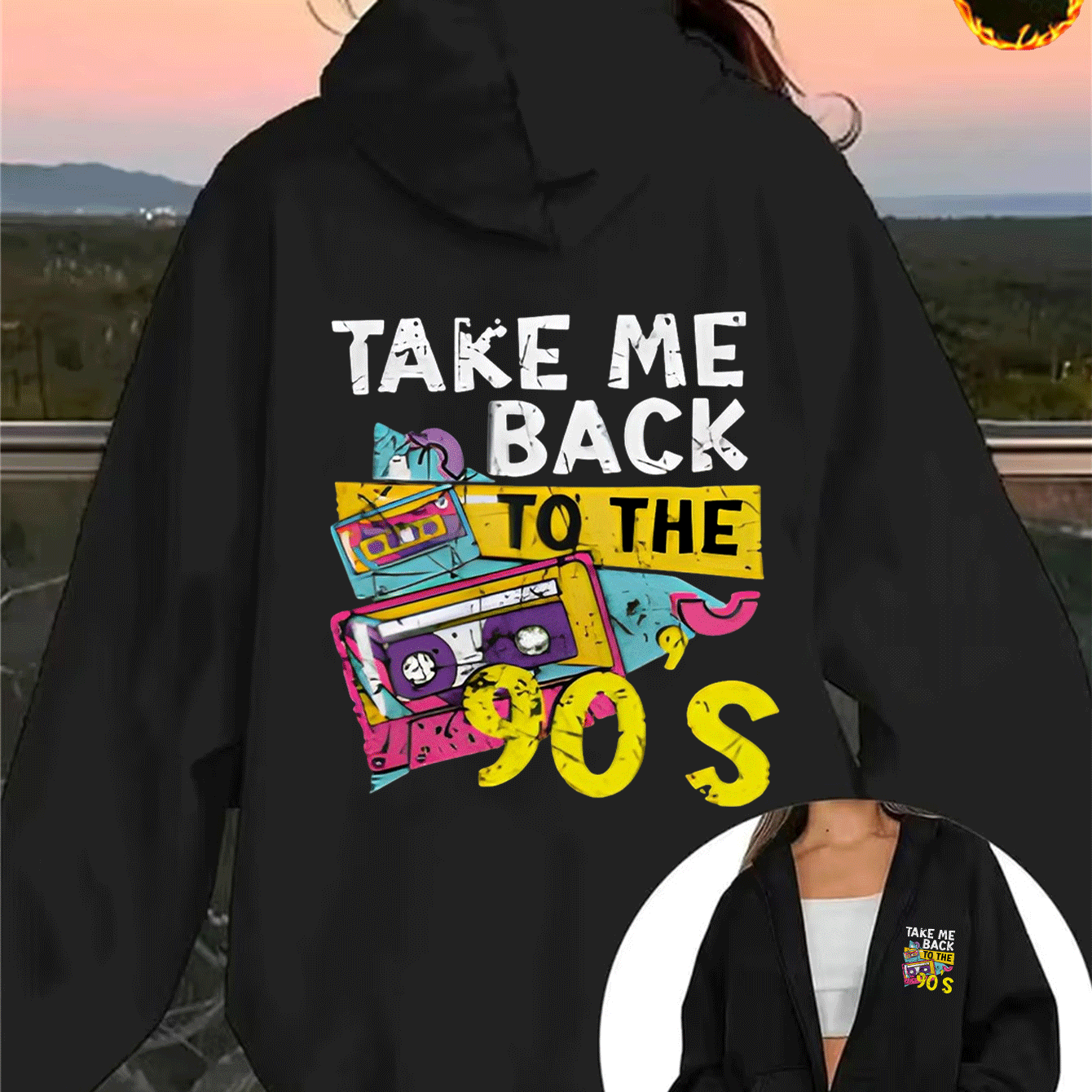 TEMU 1pc Vintage Cassette 90s Style Printed Pattern Women's Fleece Hooded Zip-up Sweatshirt, Suitable For Daily Wear, Gift, Birthday Present, Ideal
