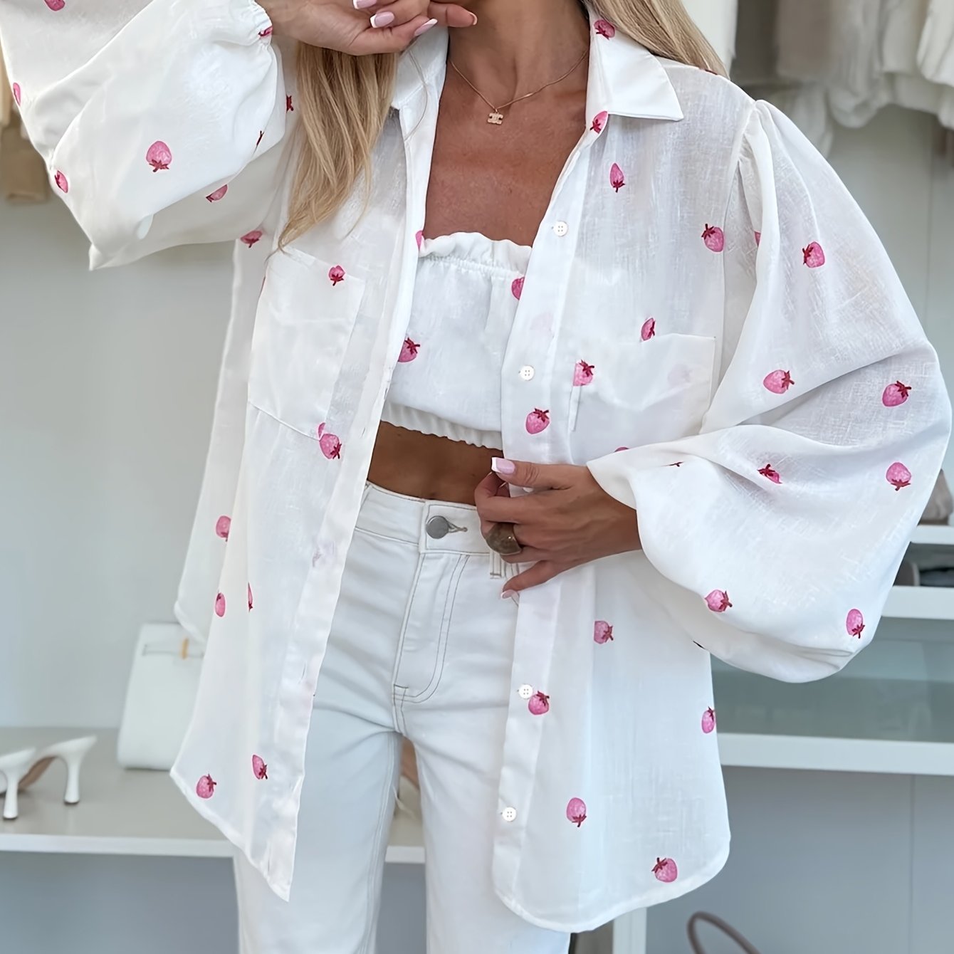 TEMU Women's Spring-inspired Outfit: Pink Stand Collar Shirt