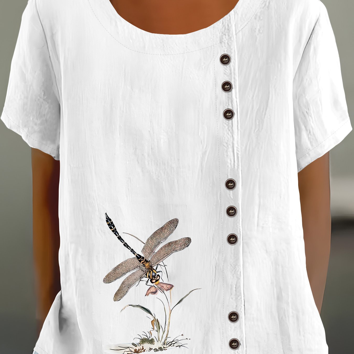 TEMU A Trendy Loose-fitting Shirt Featuring Creative Letter And Bohemian Floral Patterns, With Buttons And A Round Neck, Perfect For Women's Short