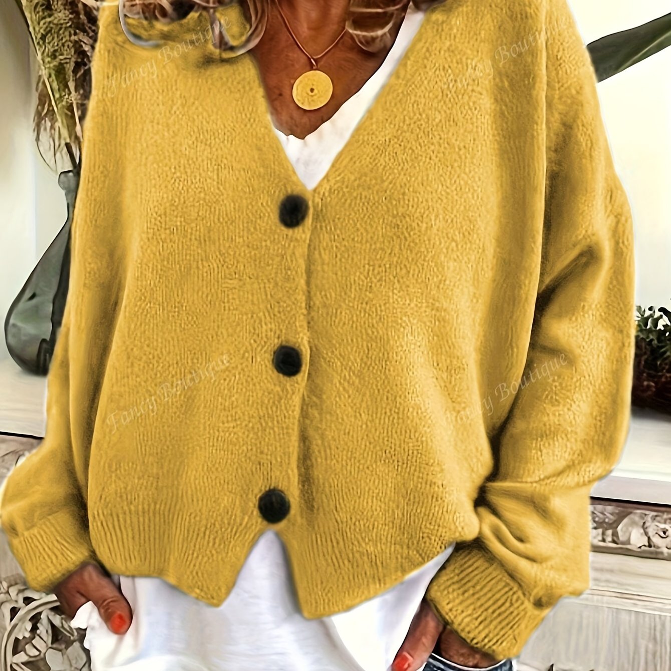 TEMU Elegante Cardigan für Damen - Gelb-Mustard-V-Ausschnitt-Sweater mit Knopfverschluss, für Frühling & Herbst, stilvolles