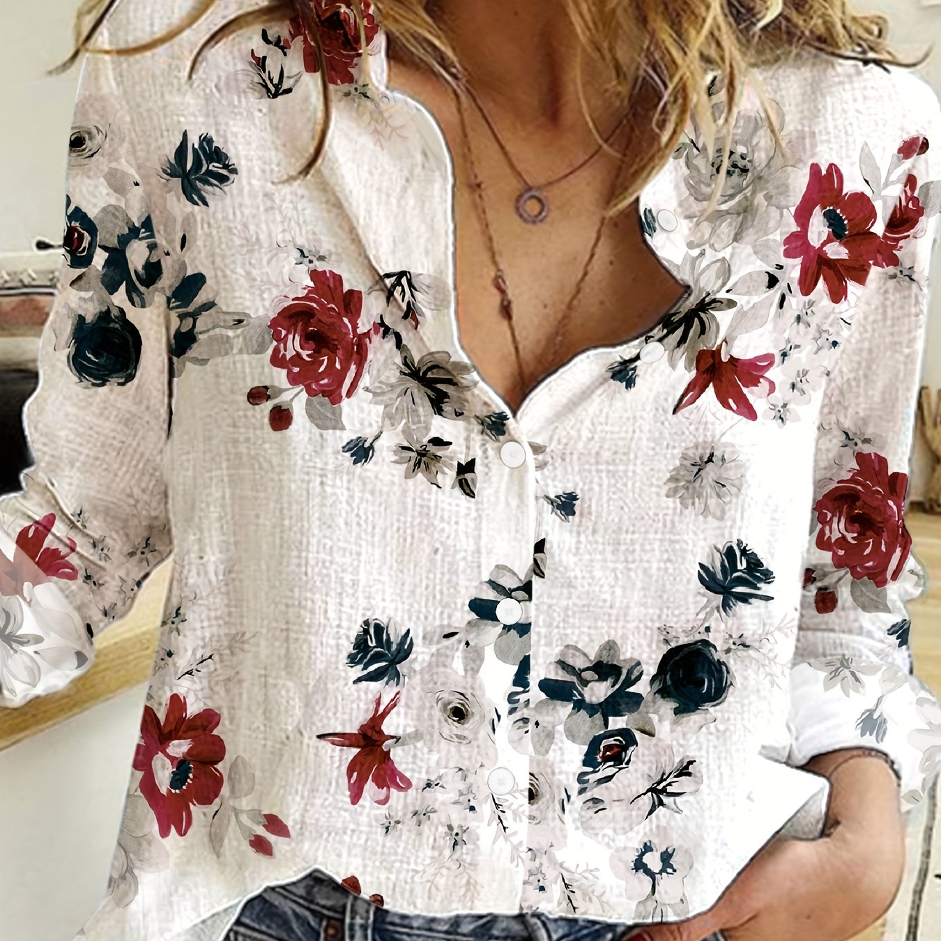 Shimida Women's Floral Shirt, Loose Fit Long Sleeve Button-up Top