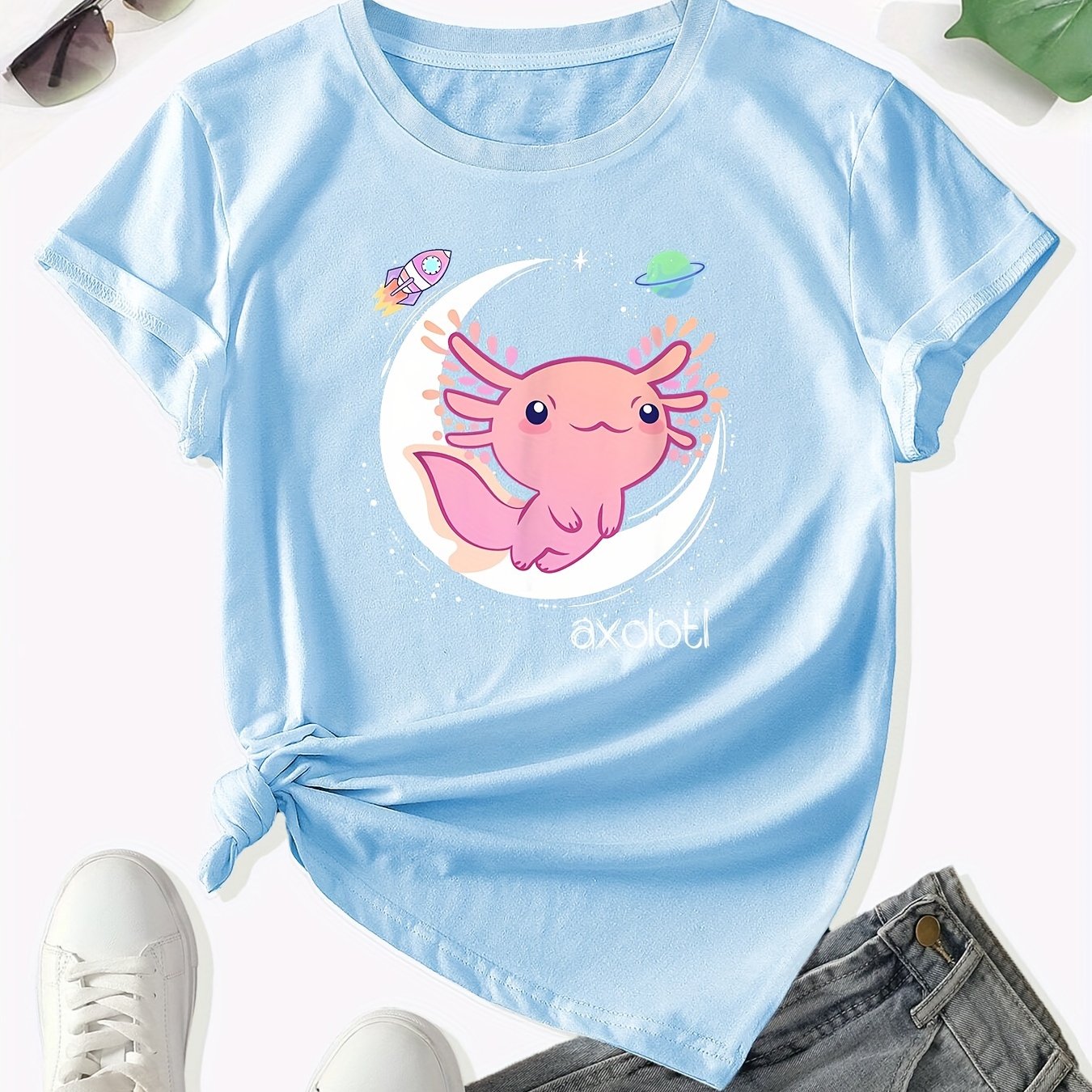 Camiseta de gola redonda com estampa de desenho animado Axolotl, camiseta  de manga curta Kawaii para primavera e verão, roupas femininas - Temu  Portugal