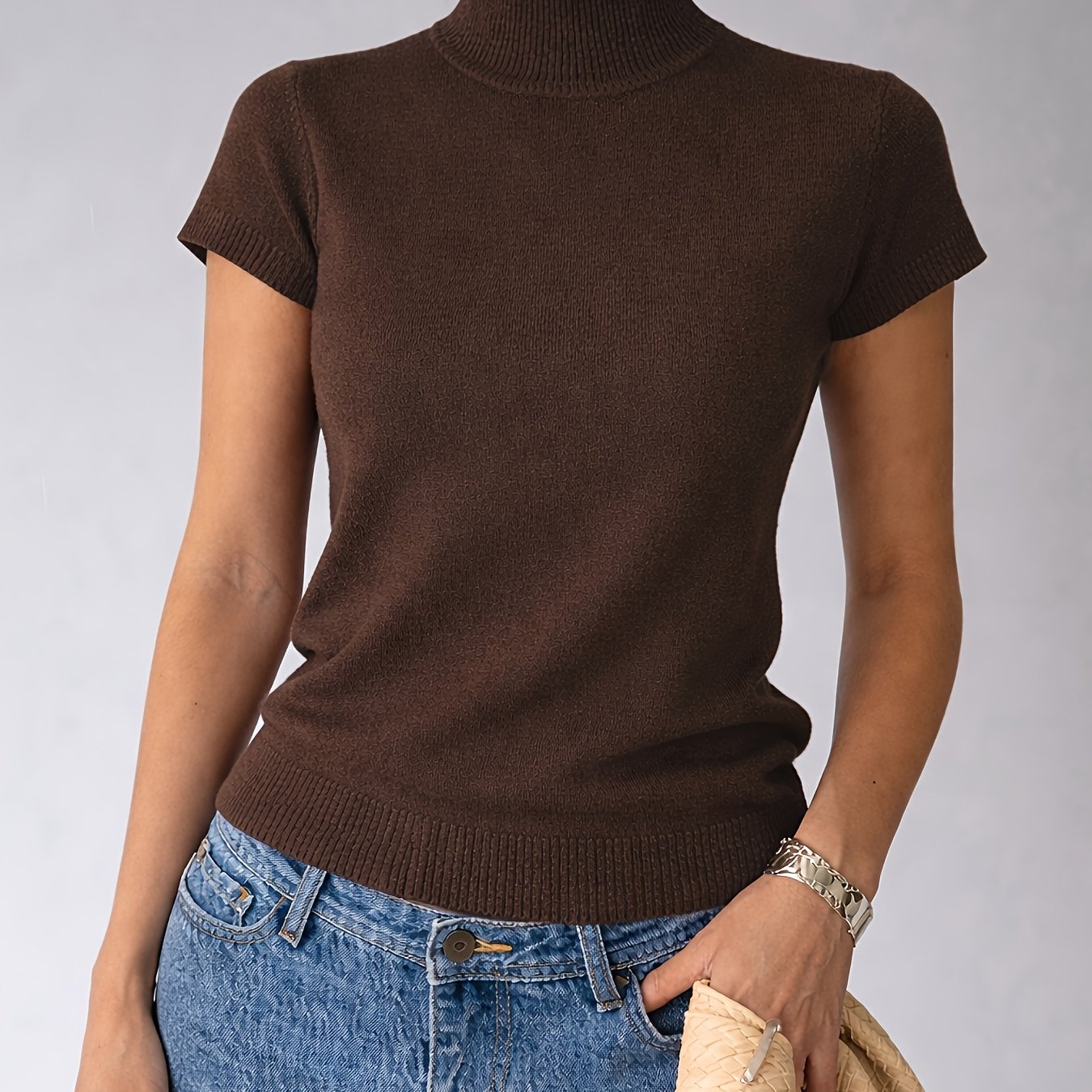 TEMU Pull élégant à col et coupe slim pour femmes | Couleur unie, tissu très extensible, polyvalent pour toutes