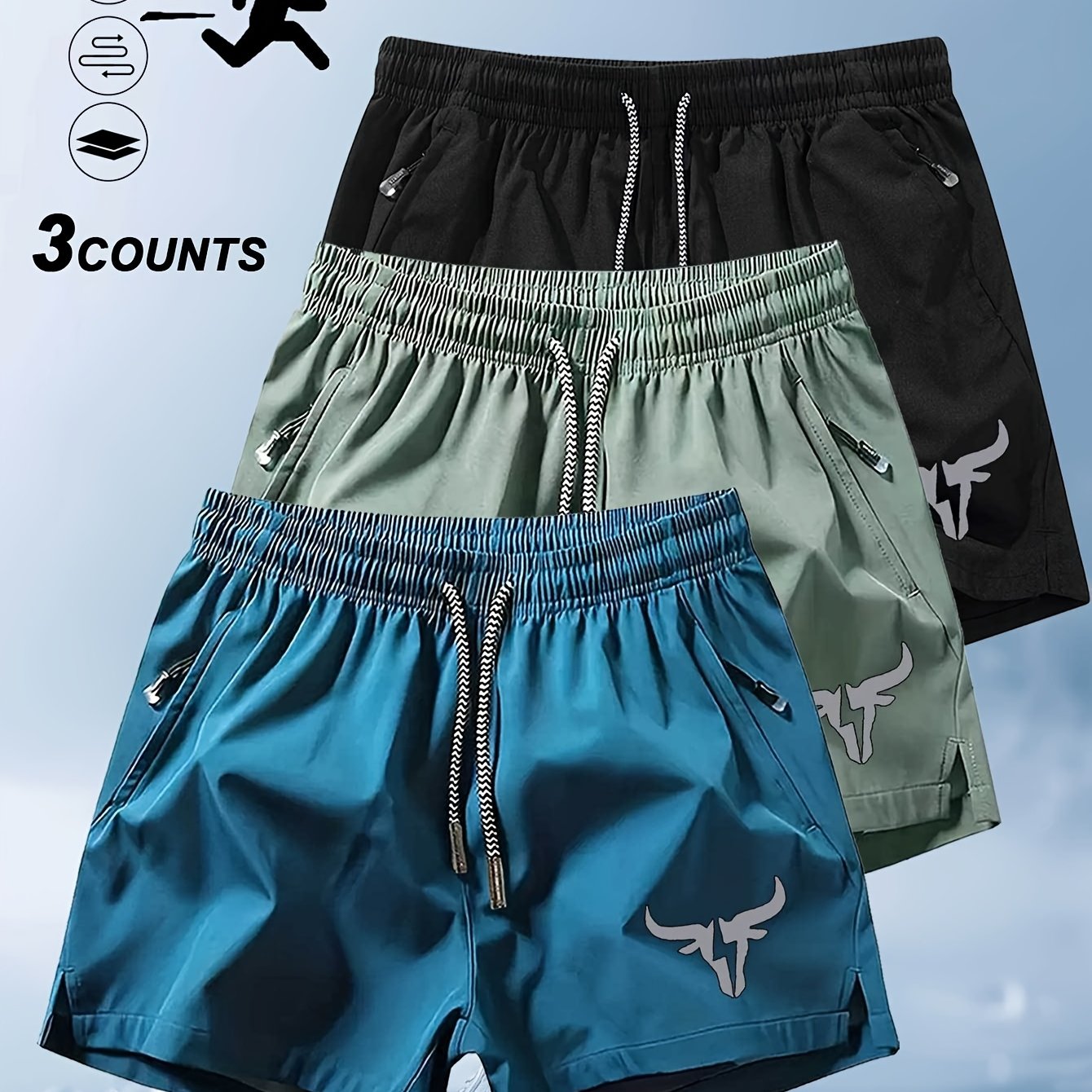 E-shop 3er-Pack atmungsaktive Herren-Beachshorts mit - Modischer Bullenkopf-Print, leichte Schwimm- und Sportshorts mit Kordelzug, /Elastische