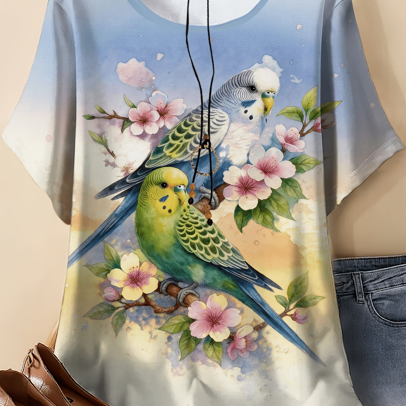 TEMU Plus Size, Women's Plus Size Printed Bird Pattern T-shirt - Breathable Crew Neck Summer Top, Machine Washable For Outdoor And Daily Wear, Shirt