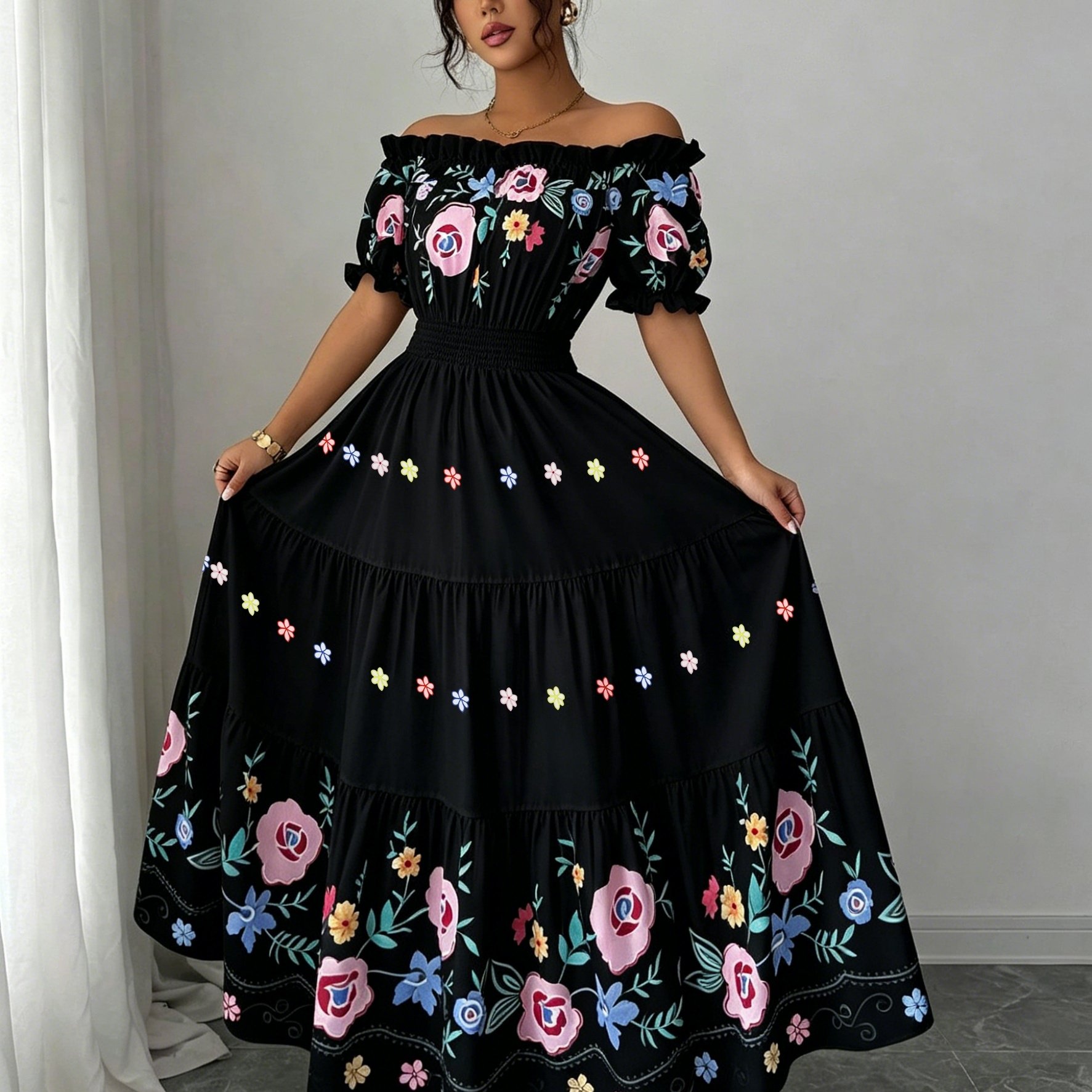 TEMU Plus Size, Women's Summer Off-shoulder Casual Dress, Petal Sleeves, Floral, Romantic, Elegant, Waistline