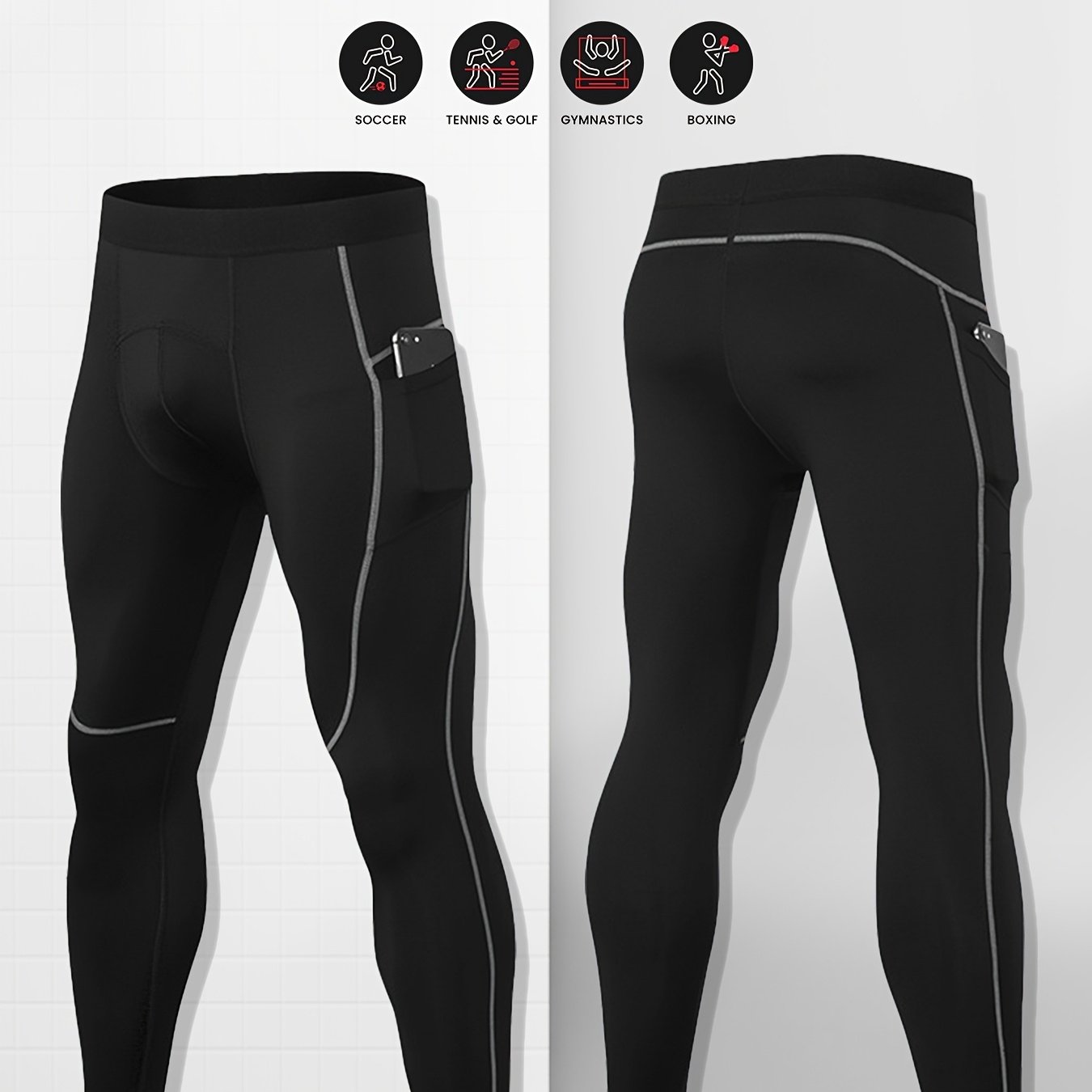 E-shop Herren Sport-Kompressionshose für Fitness, schweißableitend schnelltrocknend, mit Gürtel-Patch für Outdoor-Radfahren, Training, Laufen,