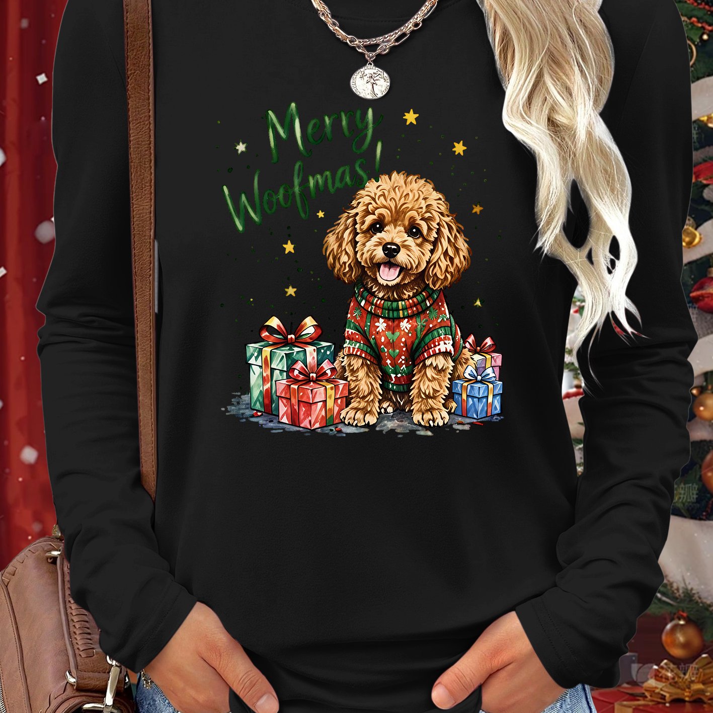 TEMU Autumn Winter Plus Size Women's Long Sleeve T-shirt, Cute Christmas Sweater Gift Box English Slogan Printed Round Neck Machine Washable
