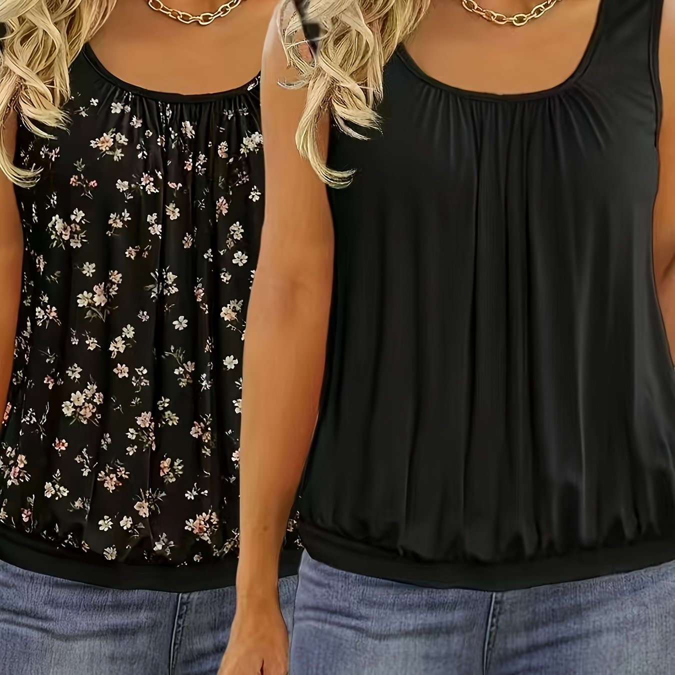 Image of Plus Size, Women's Plus Size European And Fashion Casual Printed Round Neck Tank Tops, Two-pack