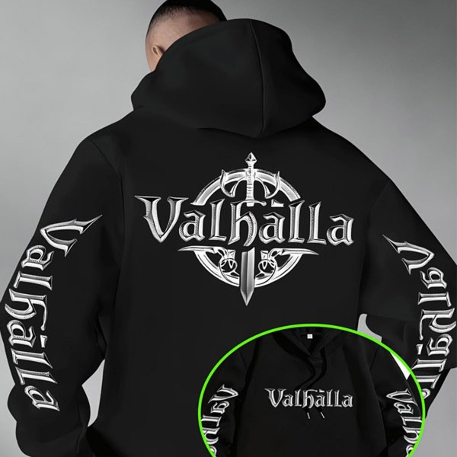 TEMU Men's Polyester Black Pullover Hoodie, Stylish Print With Sword Emblem Design, Comfortable Long Sleeve Hooded Sweatshirt, Multiple Sizes ,