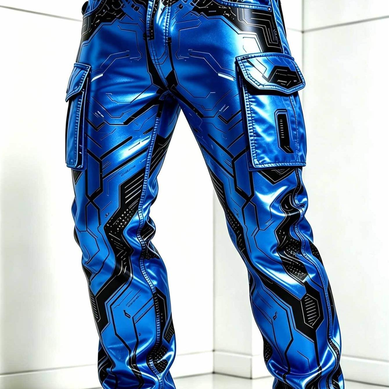 Men's Twill Work Pants With Double Pockets, Cyberpunk Techwear Style Robotic Pattern Graphic Trousers Ideal For Streetwear And