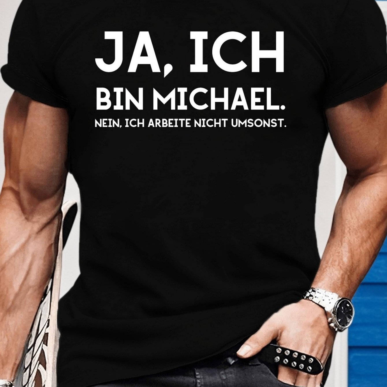 Image of Men's Casual Ja, Ich Bin Michael Graphic Tee- Olive Green Short Sleeve T-shirt For Summer, Lightweight, Round Neck, Machine Washable