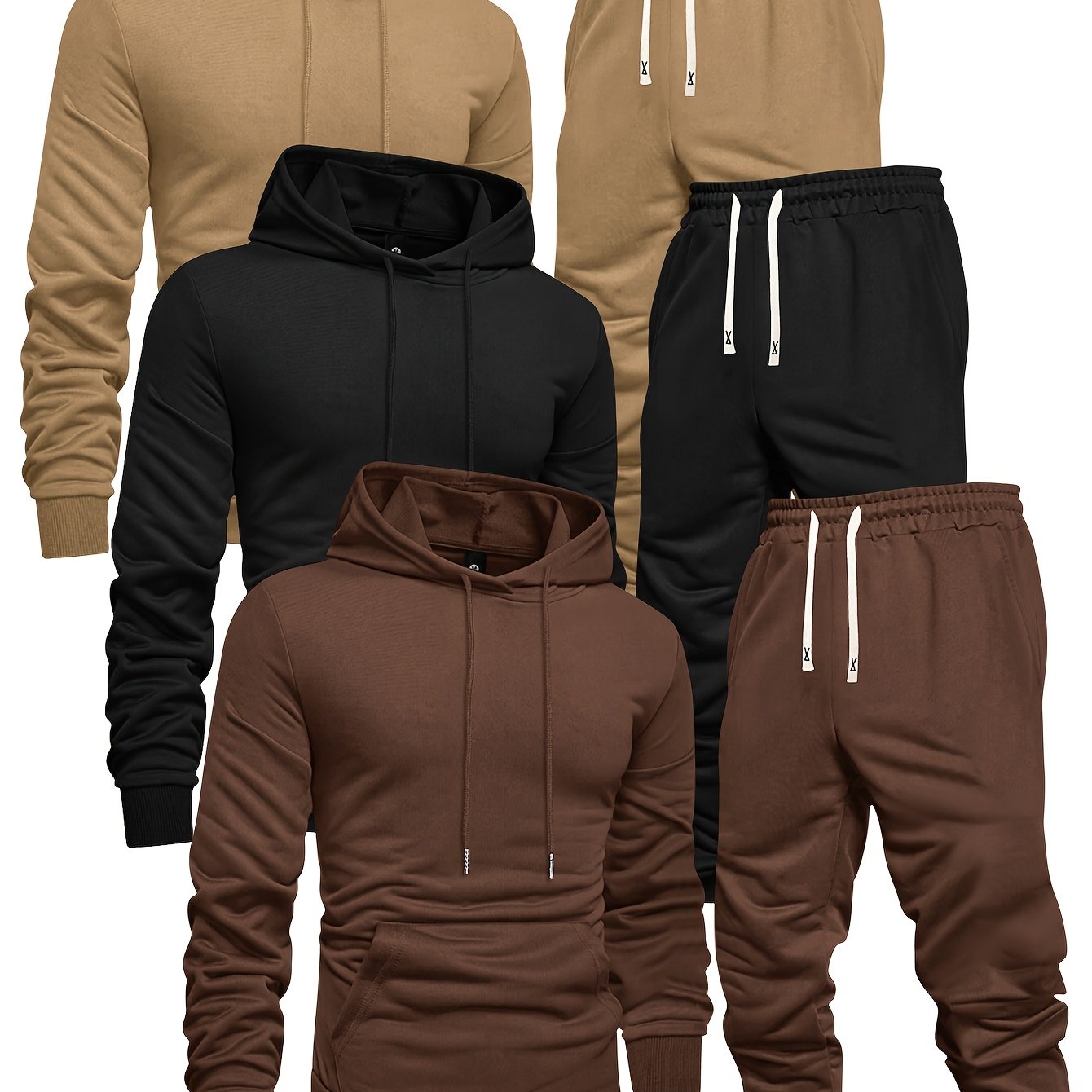 TEMU 6pcs Men's Hooded Sweatshirt And Jogger Pants Spring Autumn Casual Sports Set Solid Color Pullover Regular Long Sleeve Hooded Top And Waist