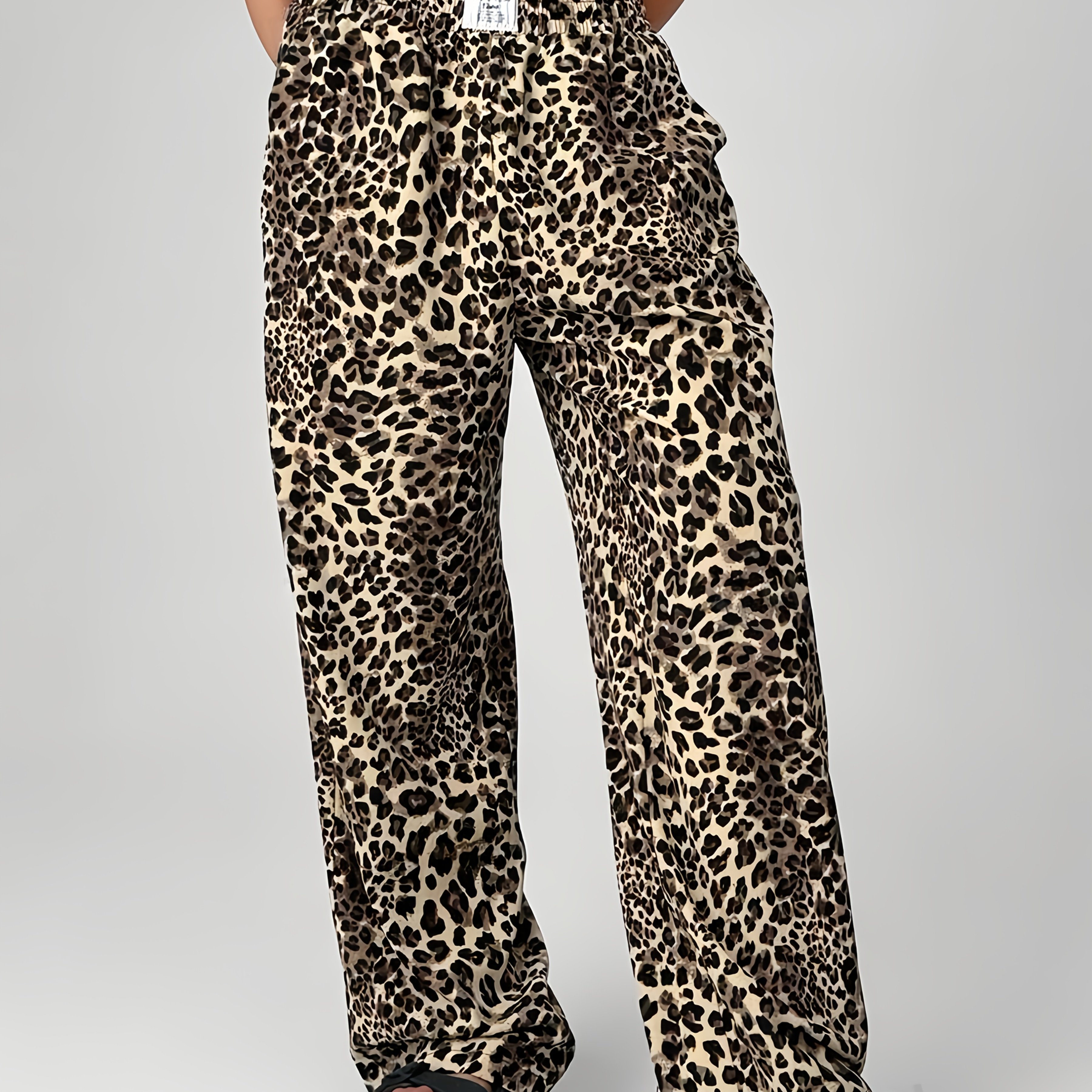 Image of Women's Retro Leopard Print Wide-leg Streetwear Pants - Elastic Waist Straight-leg Trousers, Machine Washable Length Casual Pants For Women
