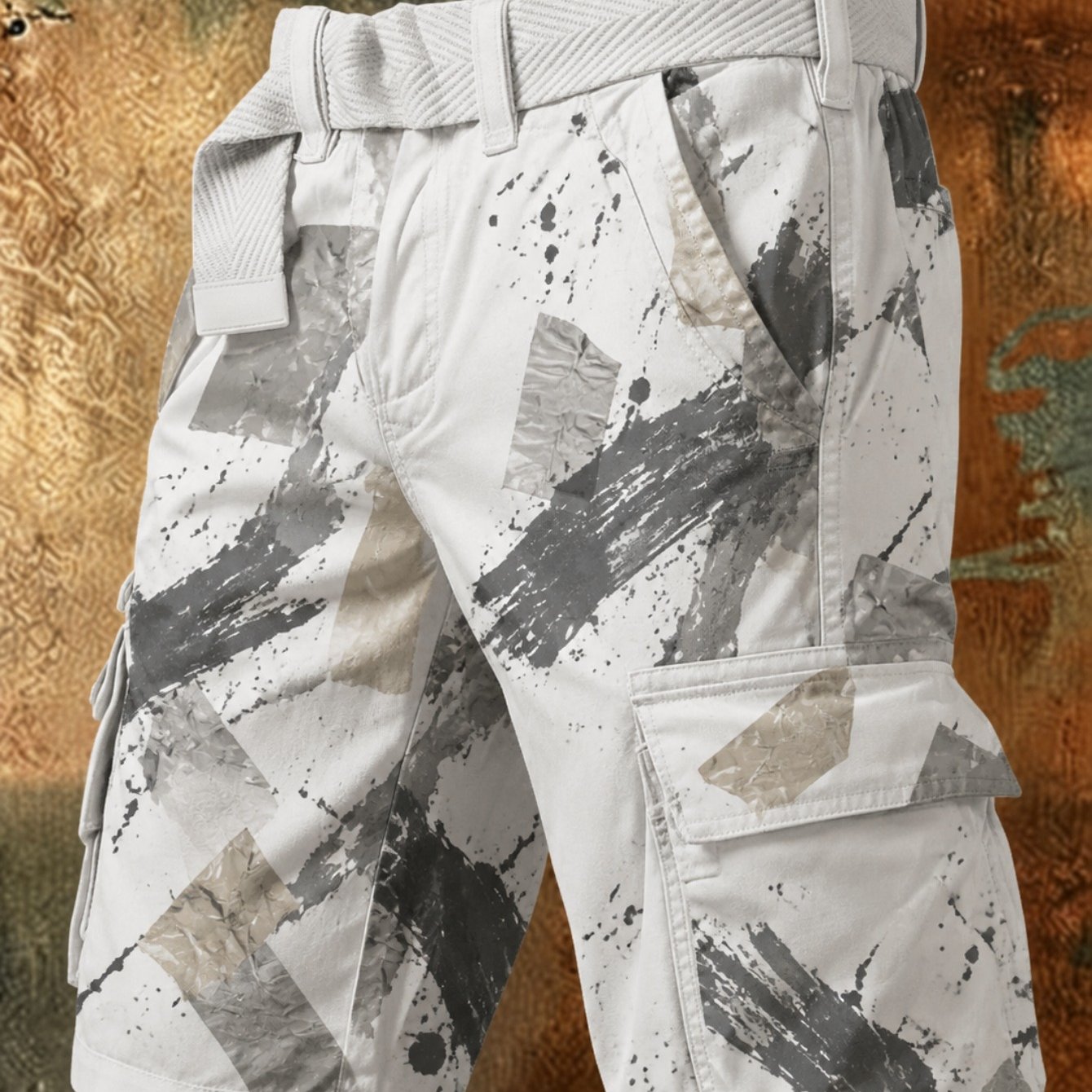 Image of Washed Denim, Summer Men's Tactical Cargo Shorts, White With Black Splatter Print, Lightweight Durable For Outdoor, Casual Wear, Restaurant, Lounge, Streetwear Style, Multi-pocket Utility Design