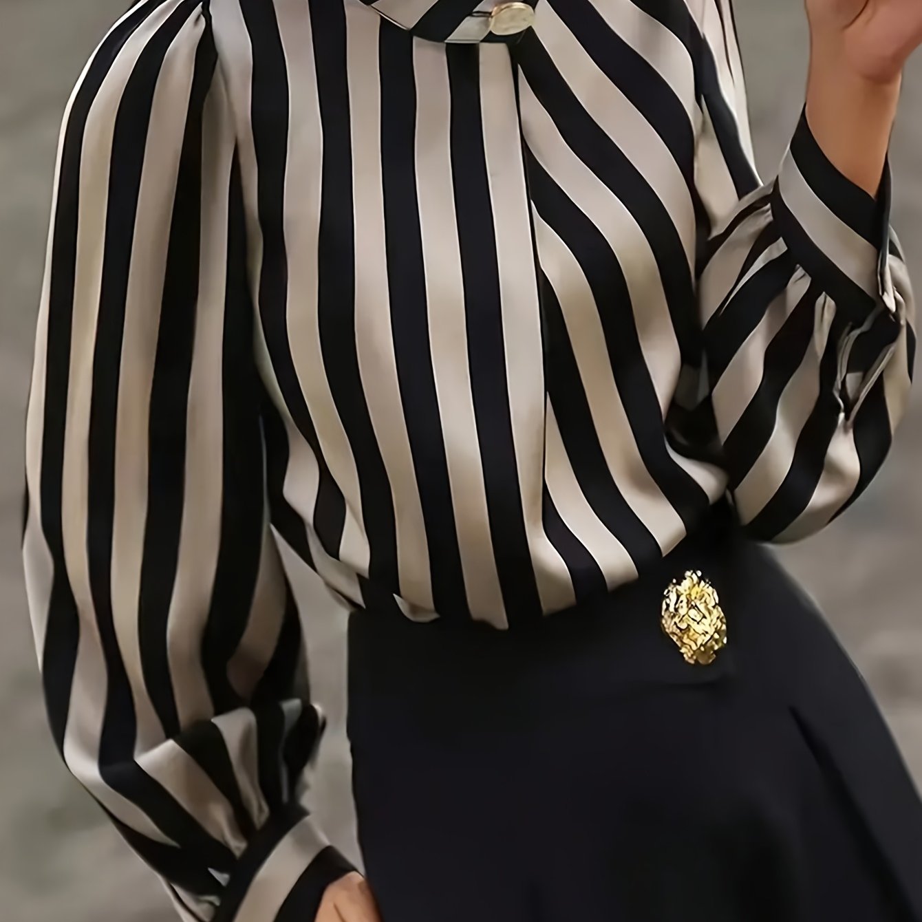 Image of Plus Size - Plus Size - Elegant Long-sleeve Shirt For Plus-size Women With A Striped Design, Featuring A Stand Collar And Loose Lantern Sleeves With Buttons
