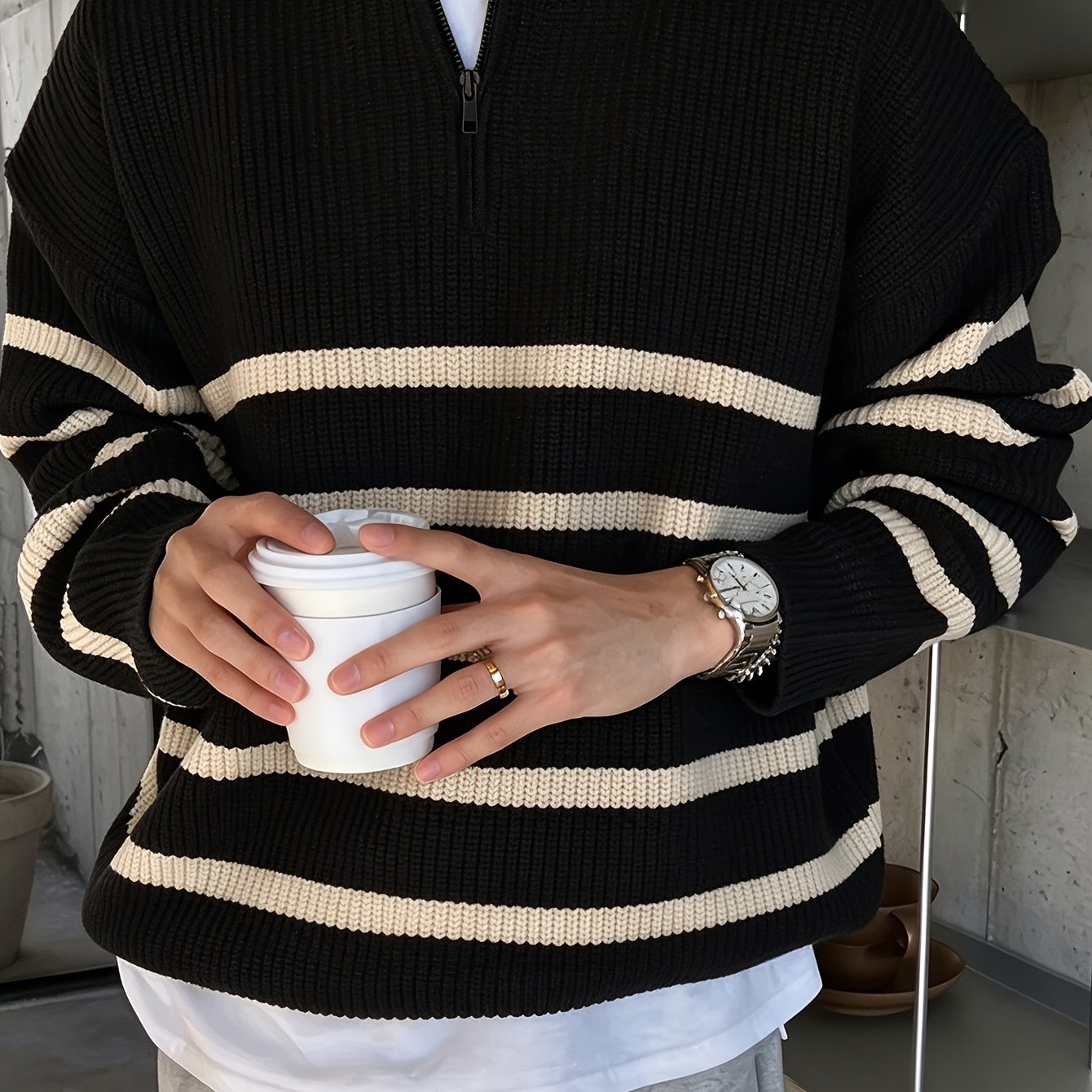 TEMU Pull épais et chaud pour homme, automne-hiver, veste en à manches longues, rayures noires et blanches classiques avec texture côtelée, demi-zip,