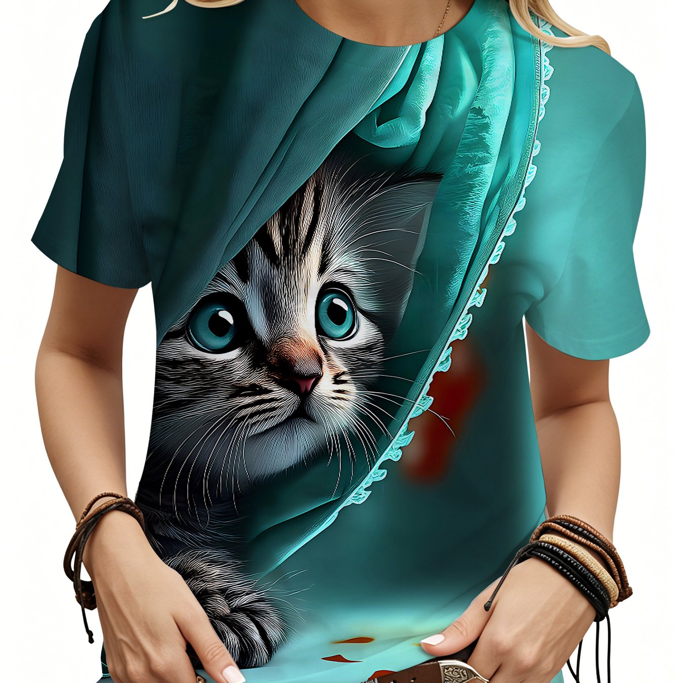 TEMU Summer Fashion Women's Cat Print T-shirt, Casual Crew Neck Short Sleeve Top, Cute Kitten Pattern Top, Teal Gradient Daily Wear Top