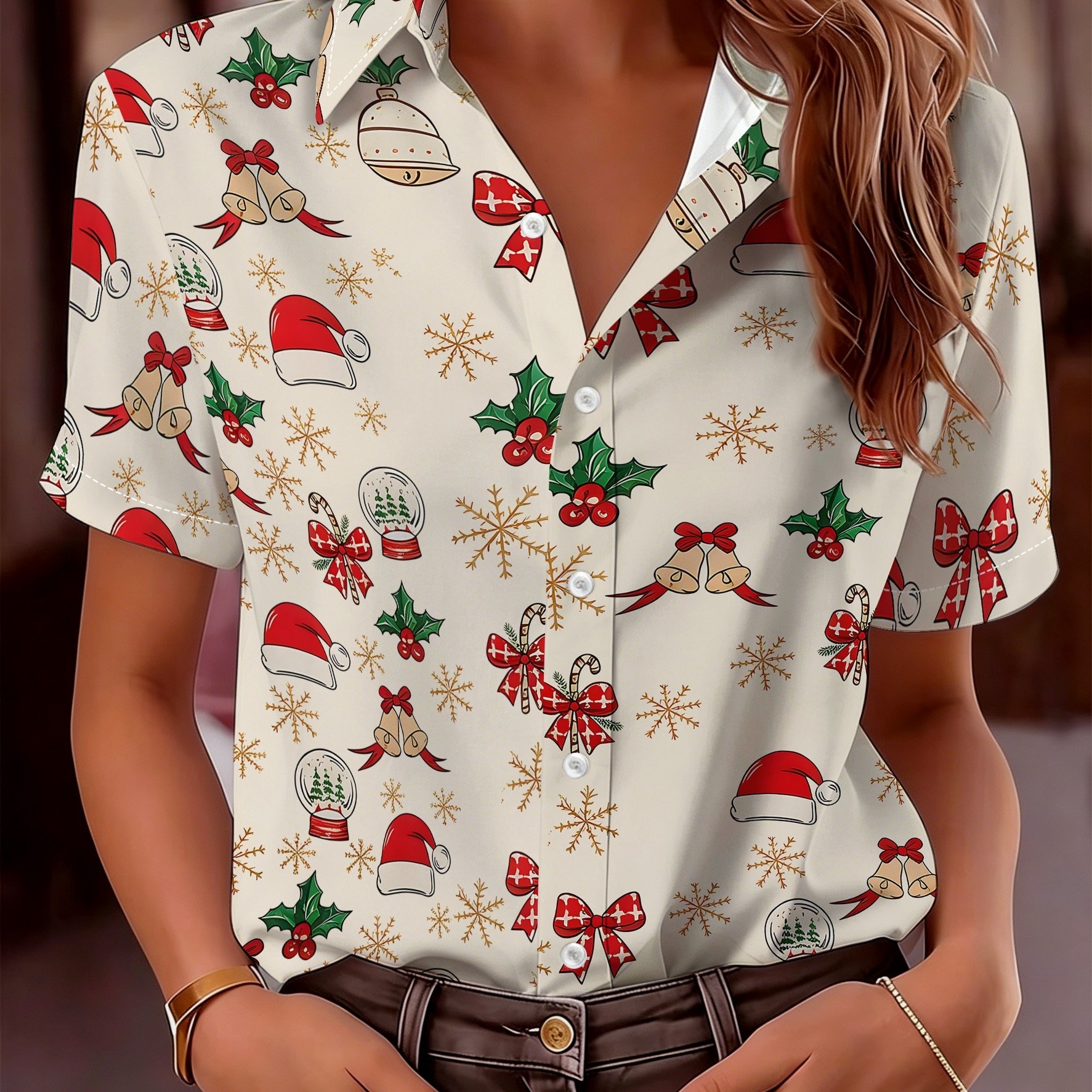 TEMU Esign – Not Texture Christmas Hat And Christmas Tree Print Simple Blouse, Casual Button-front Short Sleeve Shirt, Women's Spring Summer Autumn