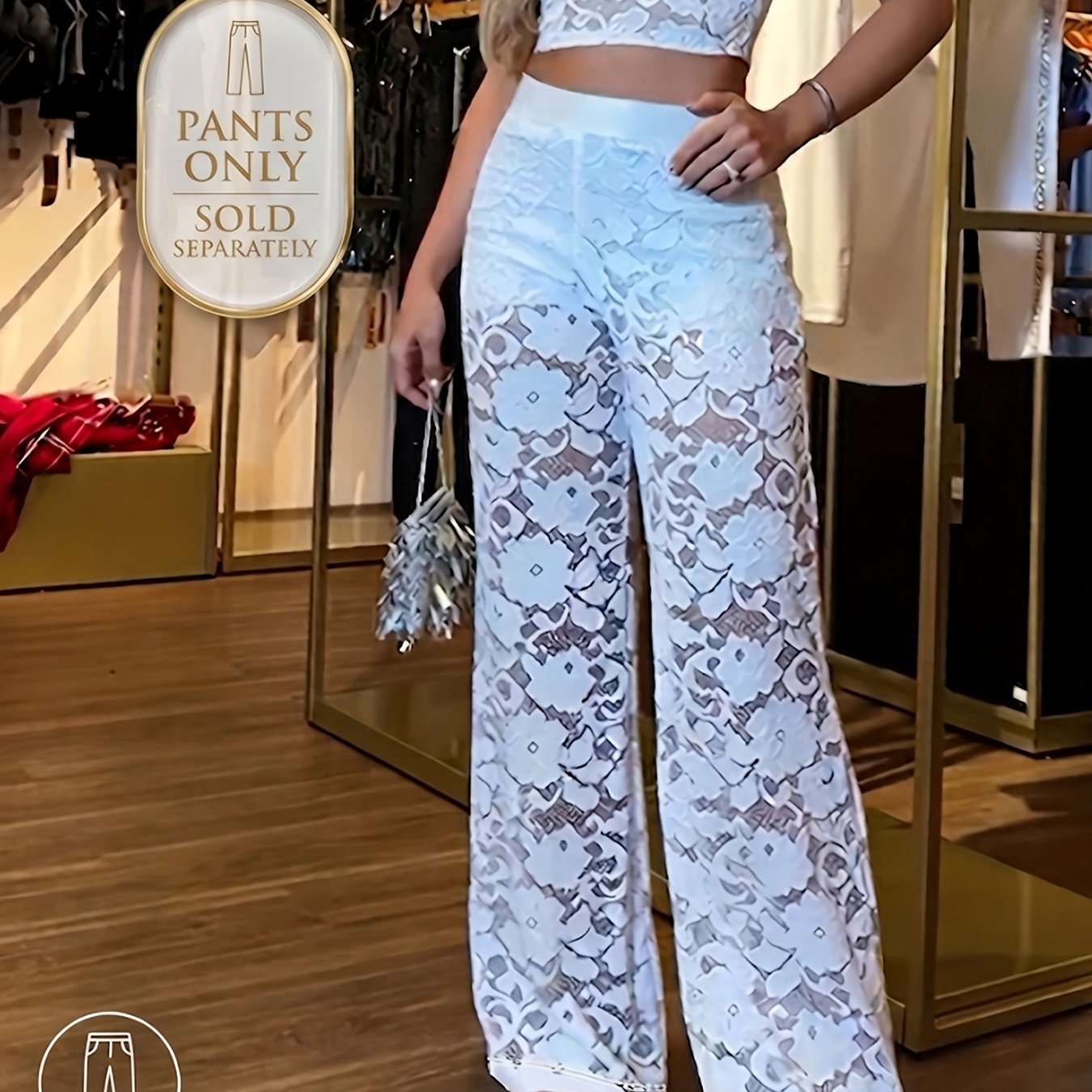 Image of Women's Sheer Lace Contrast Pants - Elastic Waist Loose-fit Stretchy Fabric For Spring Summer Fall, Versatile Casual To Dressy Outfits, Machine Washable