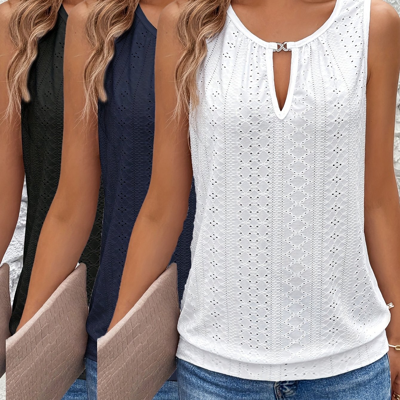 3pcs Women's Hollow-out Embroidered V-neck Vest Set