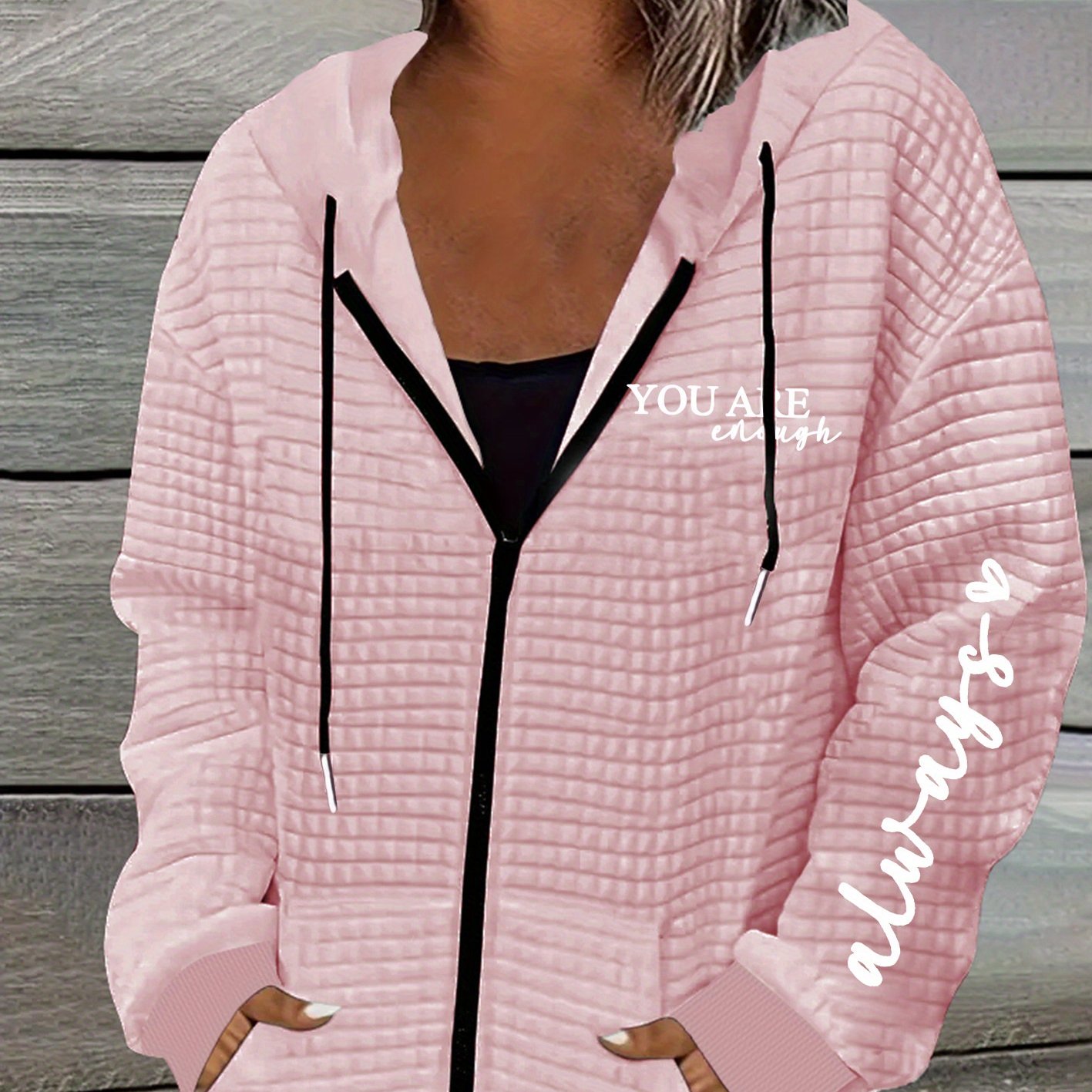 TEMU Women's Casual Waffle Zipper Hooded Jacket With "you Are Enough" Letter Print & Geometric Pattern - 100% Polyester, Machine Washable, Drawstring Hood